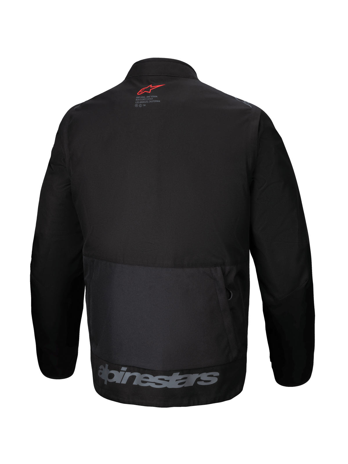 Alpinestars Pro-Dura Jacket, back view, black textile enduro jacket, large rear cargo pocket, red star logo on the neck, gray Alpinestars branding on the lower hem, rugged off-road design