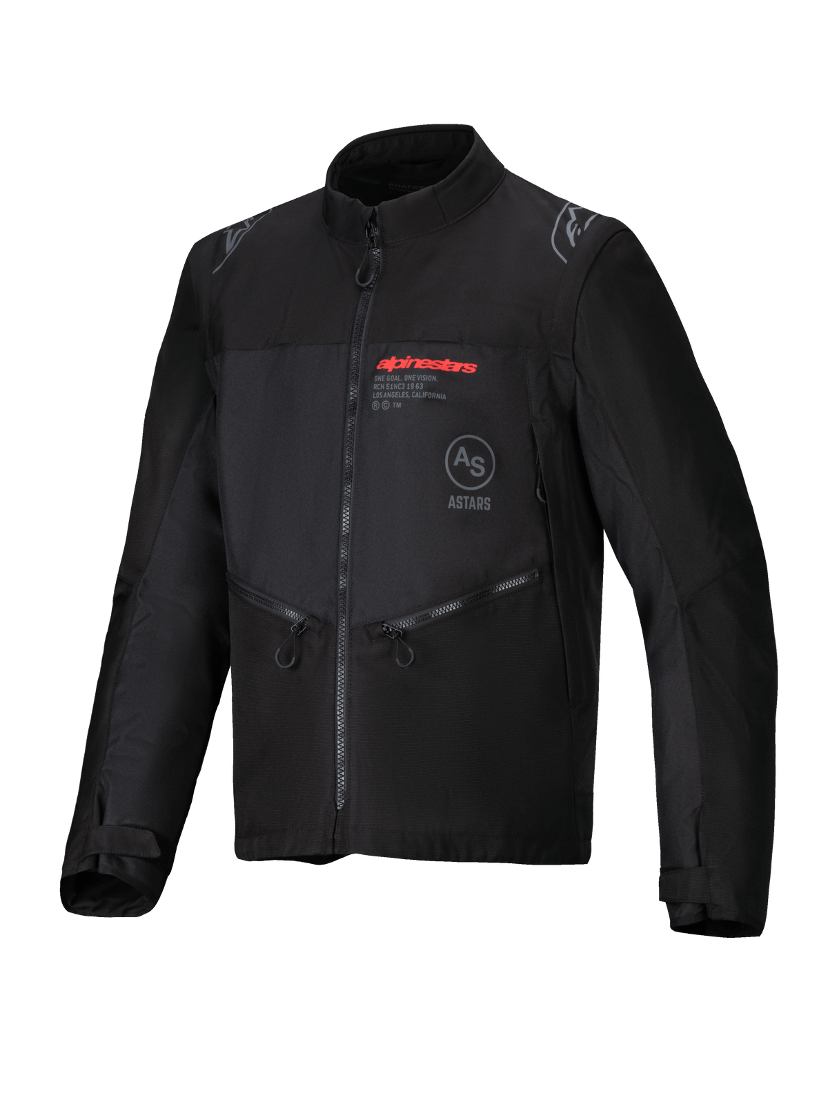 Alpinestars Pro-Dura Jacket, Black, off-road motorcycle jacket featuring durable ripstop textile, red Alpinestars logo on the chest, slanted zippered pockets, and star logo accents on the shoulders