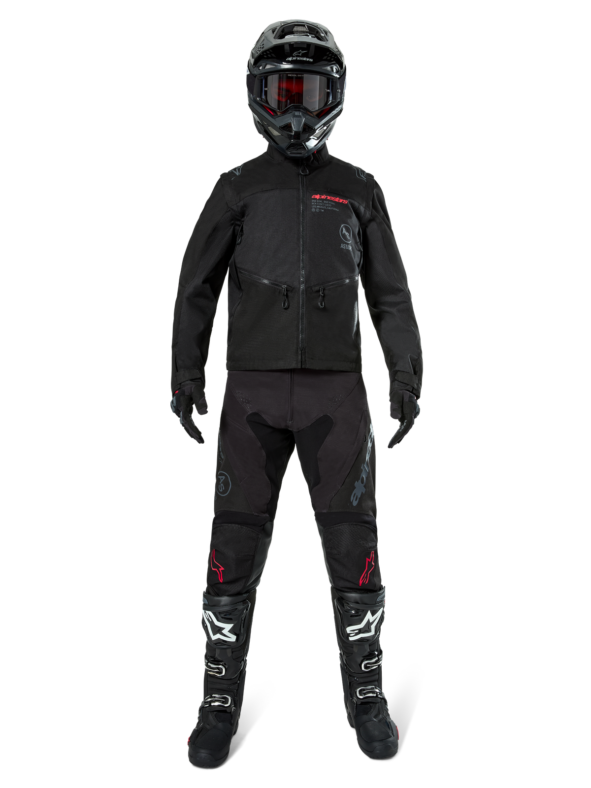 Alpinestars Pro-Dura Jacket, Black Off-Road Enduro Jacket, shown on a model with a complete gear set including a black helmet with red goggles, black pants with red accents, black and white boots, and black gloves, rally-inspired rugged design for trail riding