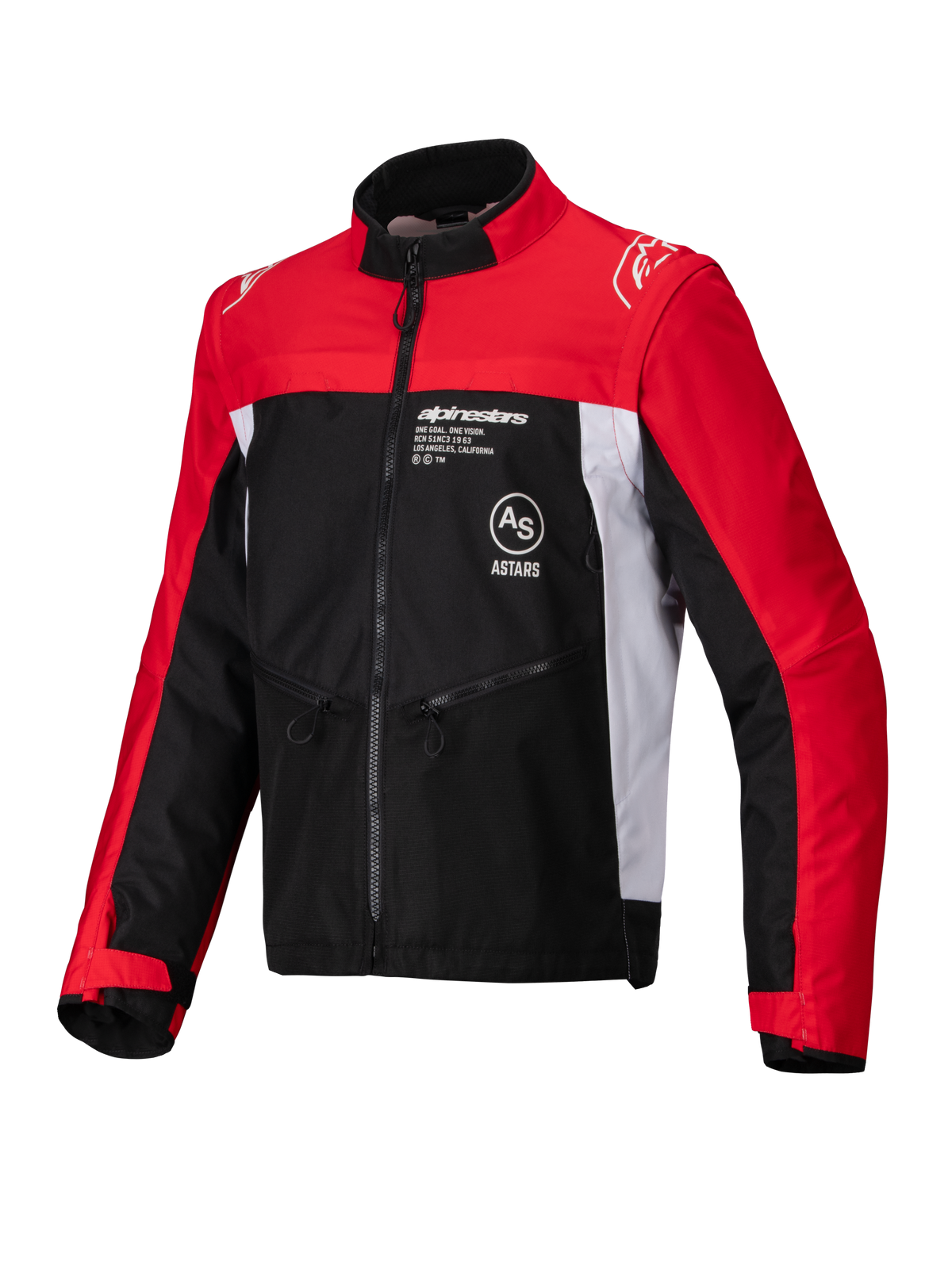 Alpinestars Pro-Dura Jacket, Off-Road Motorcycle Jacket, Black Bright Red and White, featuring a high collar, front zipper, and ripstop textile construction with red sleeves, white side panels, and Alpinestars branding on the chest.