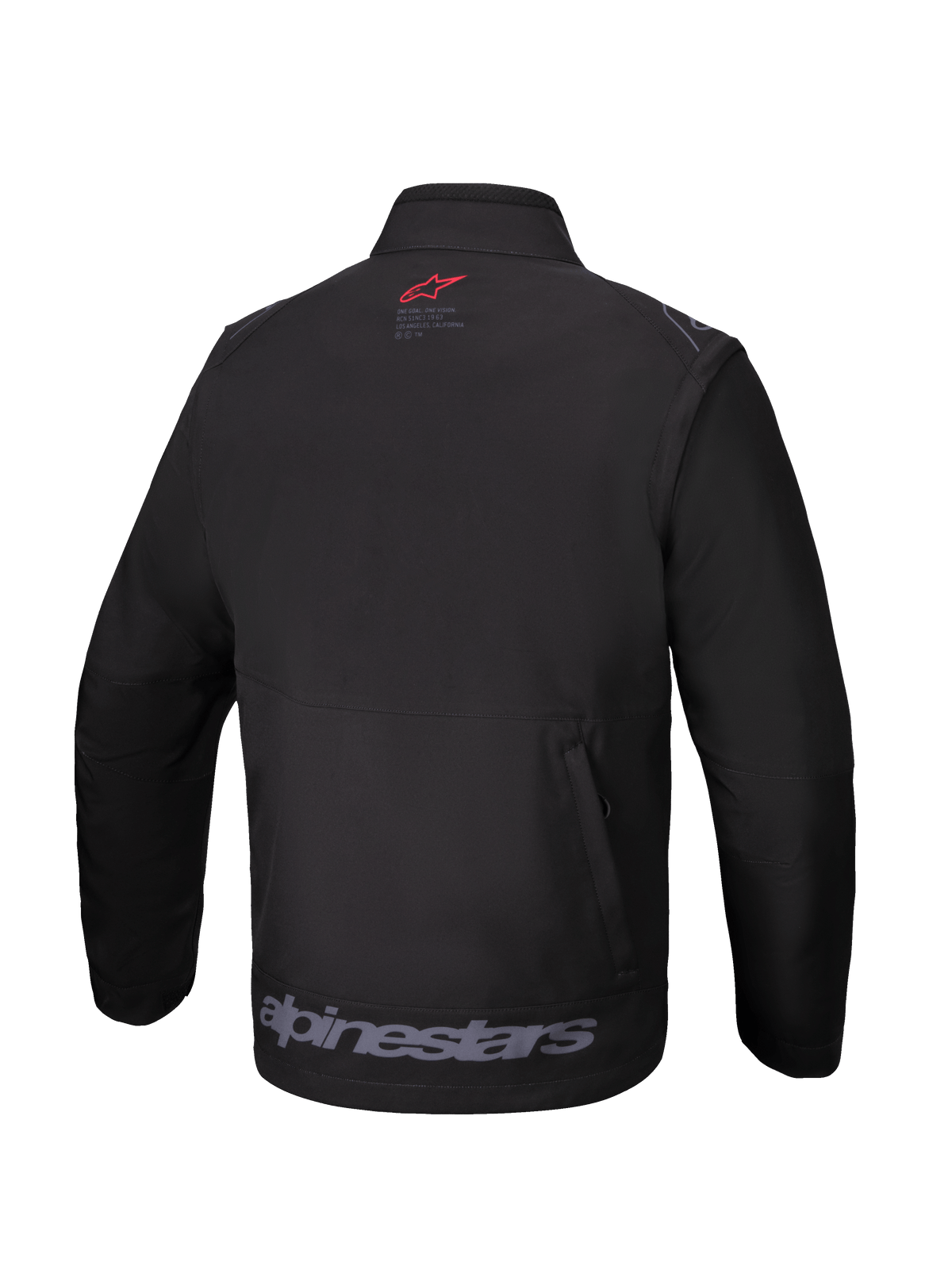 Alpinestars Lite-Dura Softshell Jacket, Black, Rear view, featuring a small red logo on the neck, large gray Alpinestars wordmark on the lower hem, and a vertical zippered rear storage pocket, technical off-road gear for enduro and motocross.