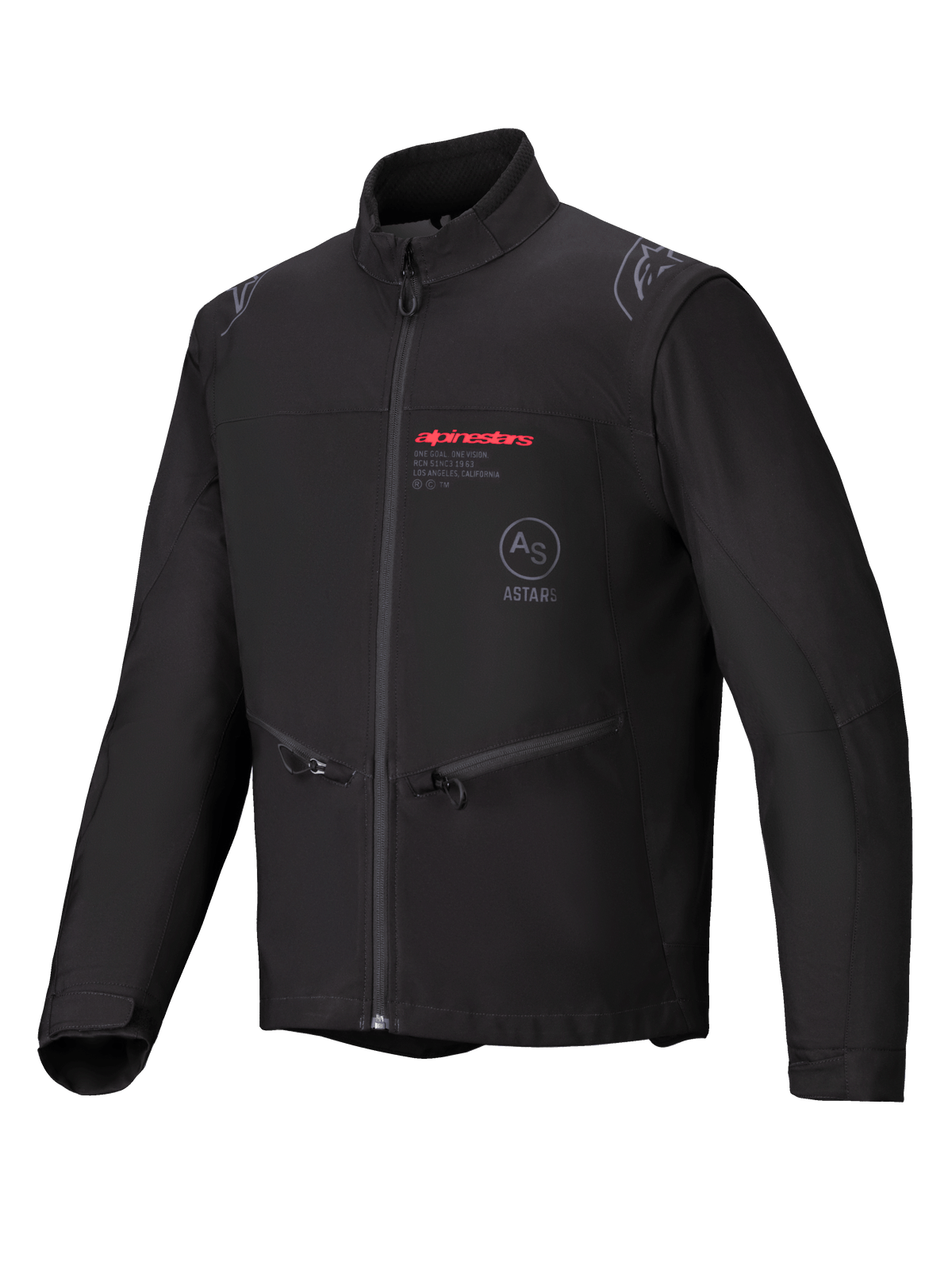 Alpinestars Lite-Dura Softshell Jacket, Black, Enduro Off-Road Motorcycle Jacket, featuring red Alpinestars branding and AS ASTARS logo on the chest, zippered hand pockets, and windproof softshell construction.