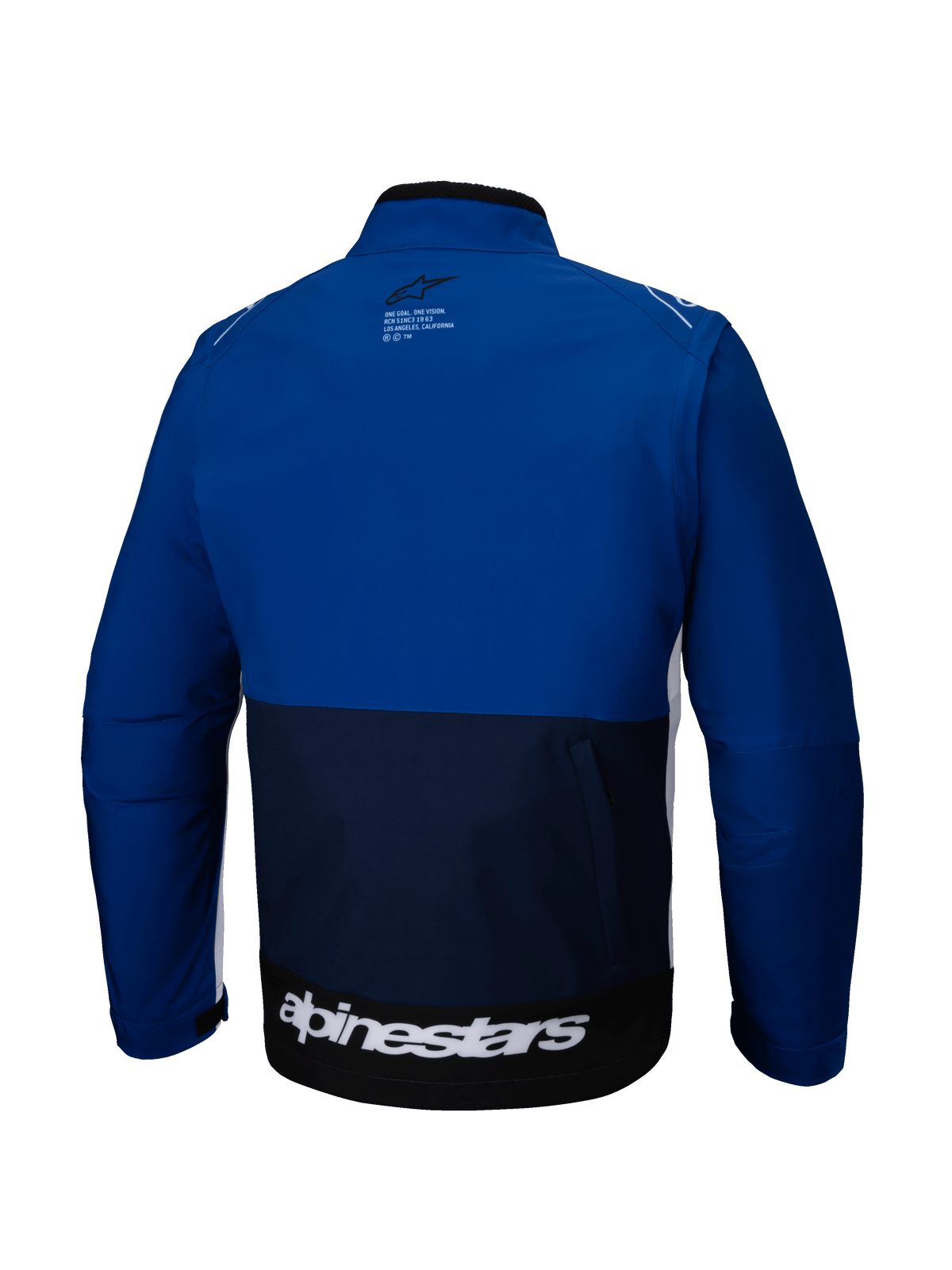 Veste Alpinestars Lite-Dura Softshell, vue de dos, bleu marine, bleu vif et blanc, veste de moto tout-terrain présentant un design color-block, grand marquage blanc sur l'ourlet inférieur du dos et petit logo sur le haut du dos.
