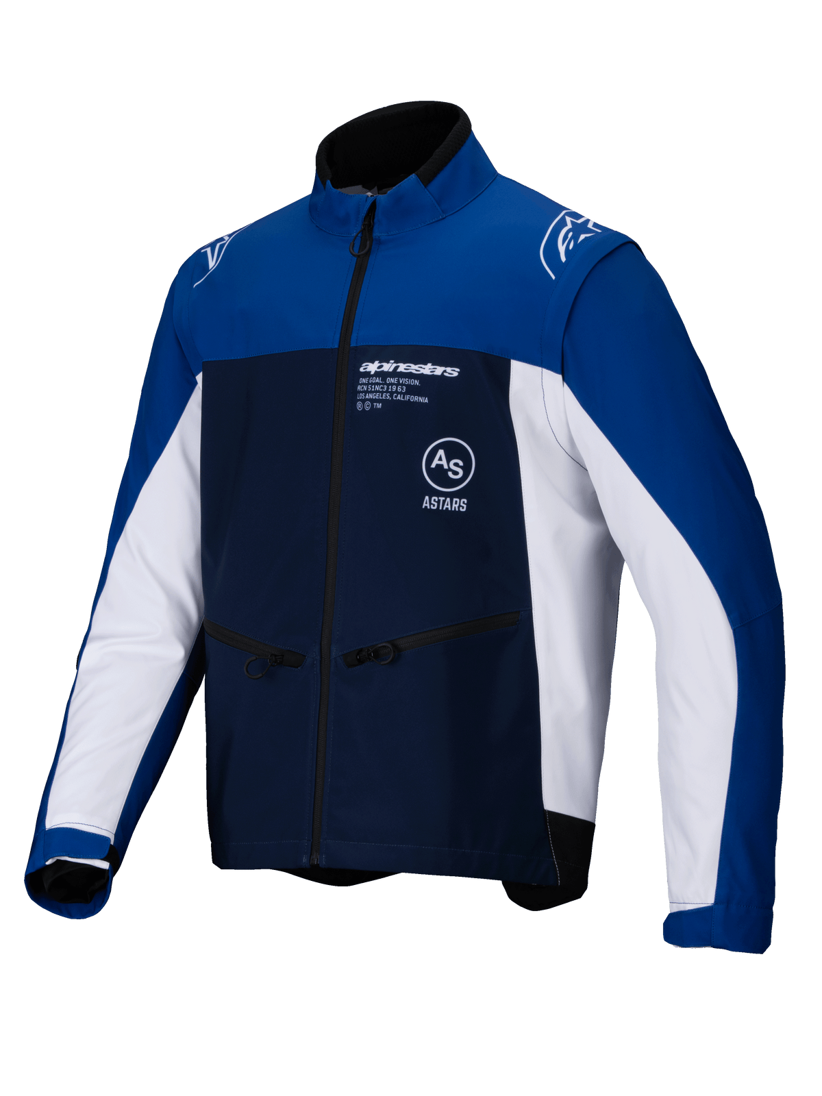 Veste softshell Alpinestars Lite-Dura, veste de moto tout-terrain, bleu marine, bleu vif et blanc, fermeture éclair frontale intégrale et poches repose-mains zippées, logo Alpinestars sur la poitrine et les épaules, matériau softshell durable pour la pratique de l'enduro