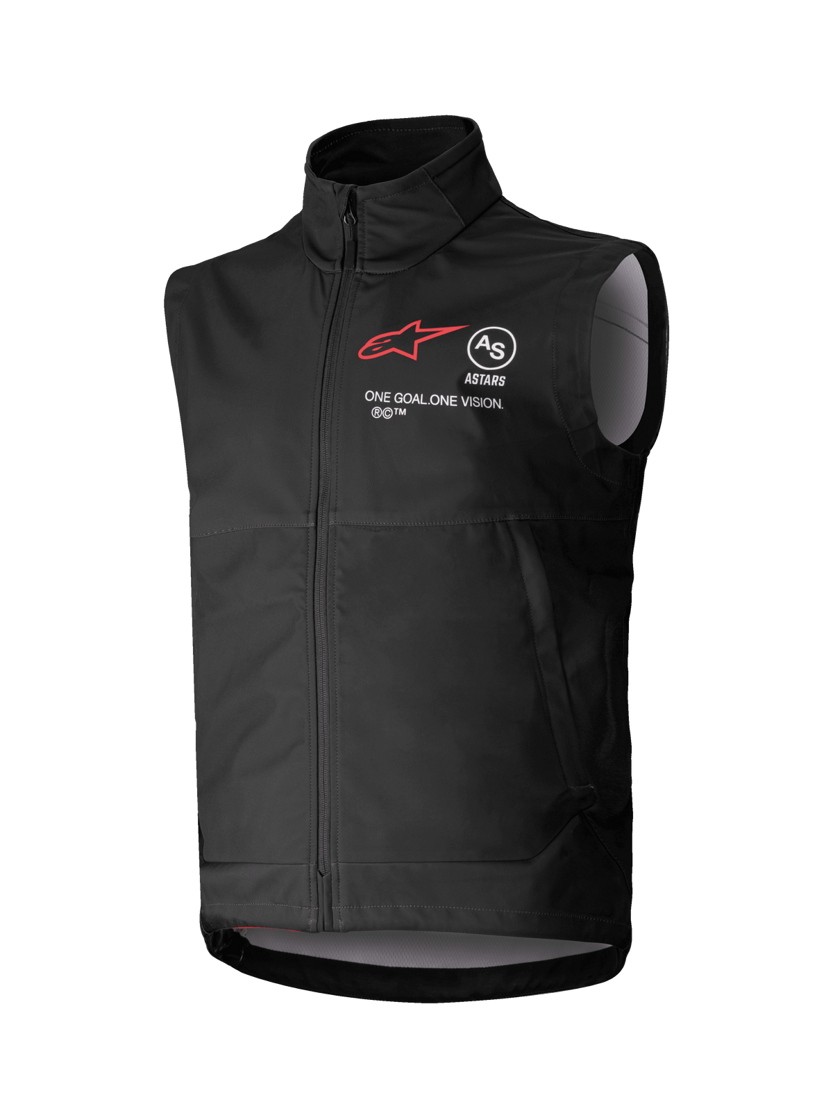 Gilet Softshell Techstar Alpinestars, gilet de motocross noir sans manches, col montant avec fermeture éclair frontale, logo étoile rouge avec marquages "ASTARS" et "ONE GOAL. ONE VISION." sur la poitrine, tissu softshell léger et coupe-vent avec doublure gris clair, conçu pour le tout-terrain