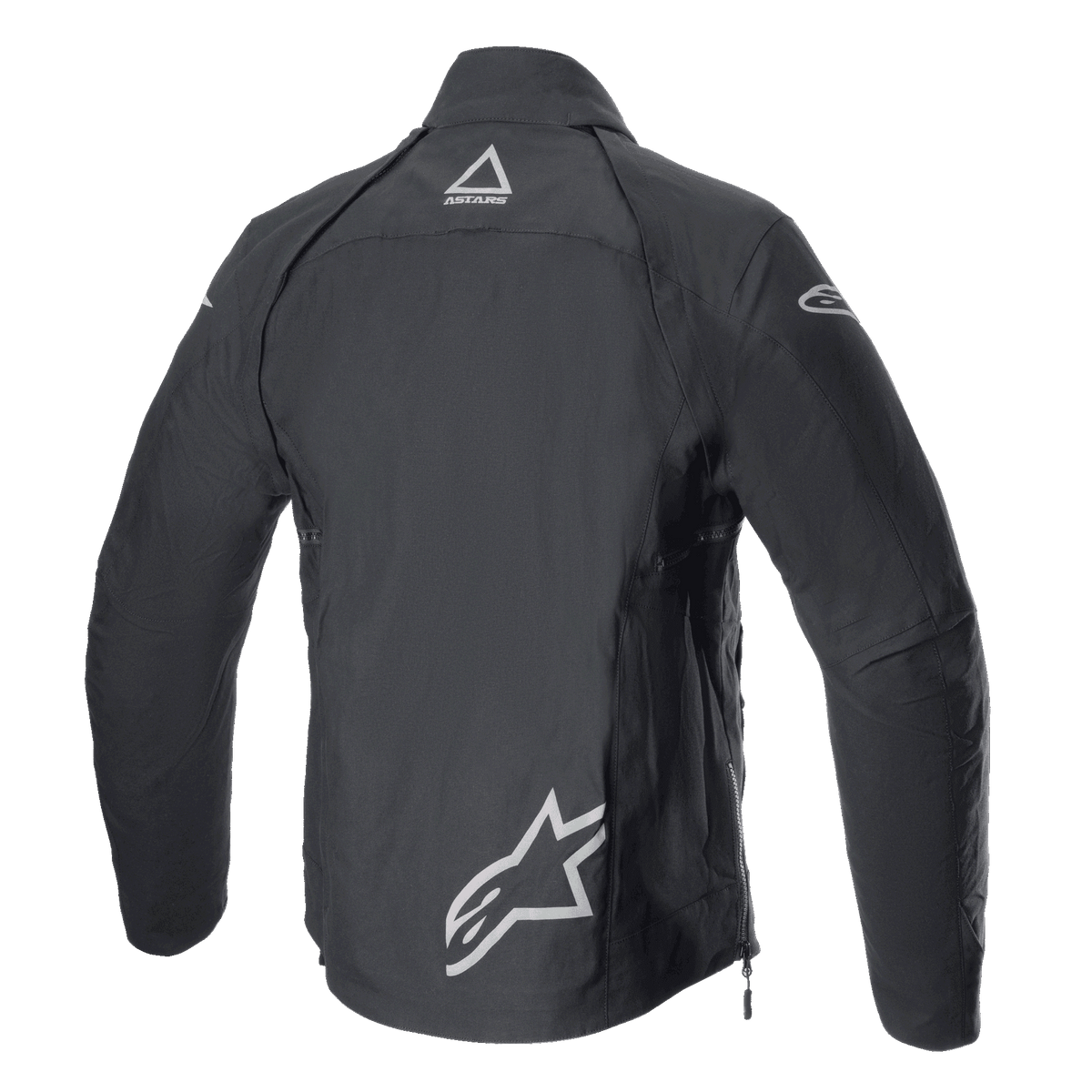 Alpinestars Techdura Jacket, Black Reflex, rear view of textile off-road motorcycle jacket, featuring reflective Alpinestars logos on the lower back and upper neck, rugged design for enduro and adventure riding