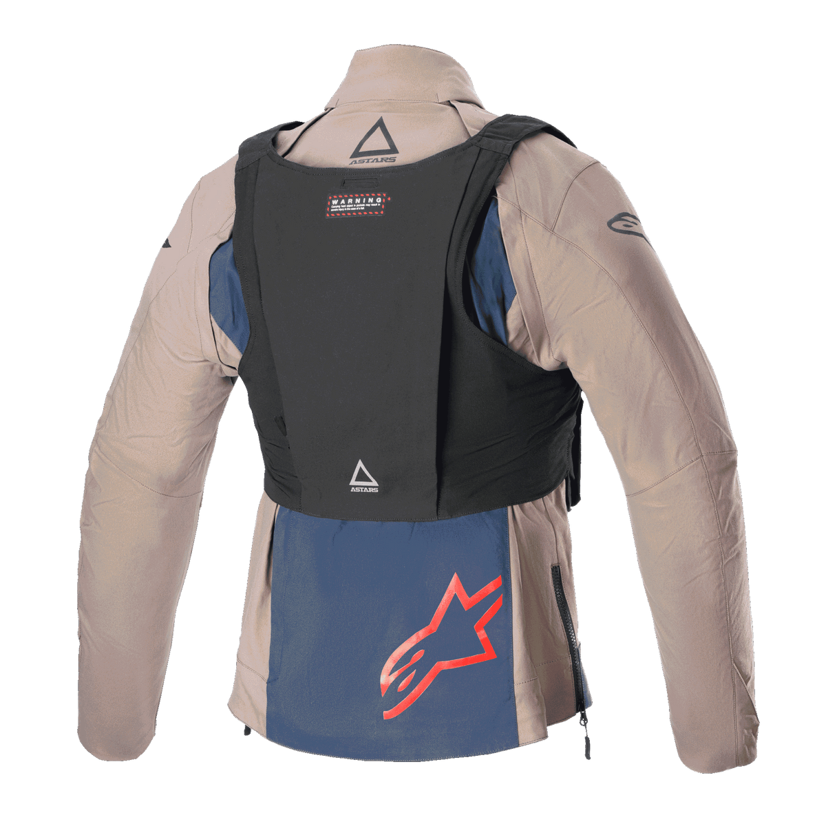 Veste Alpinestars Techdura, Brun Falcon et Bleu Marine, vue arrière avec gilet tactique noir, arborant un logo Alpinestars rouge sur le panneau inférieur bleu marine, construction textile robuste pour la pratique de l'enduro et du tout-terrain