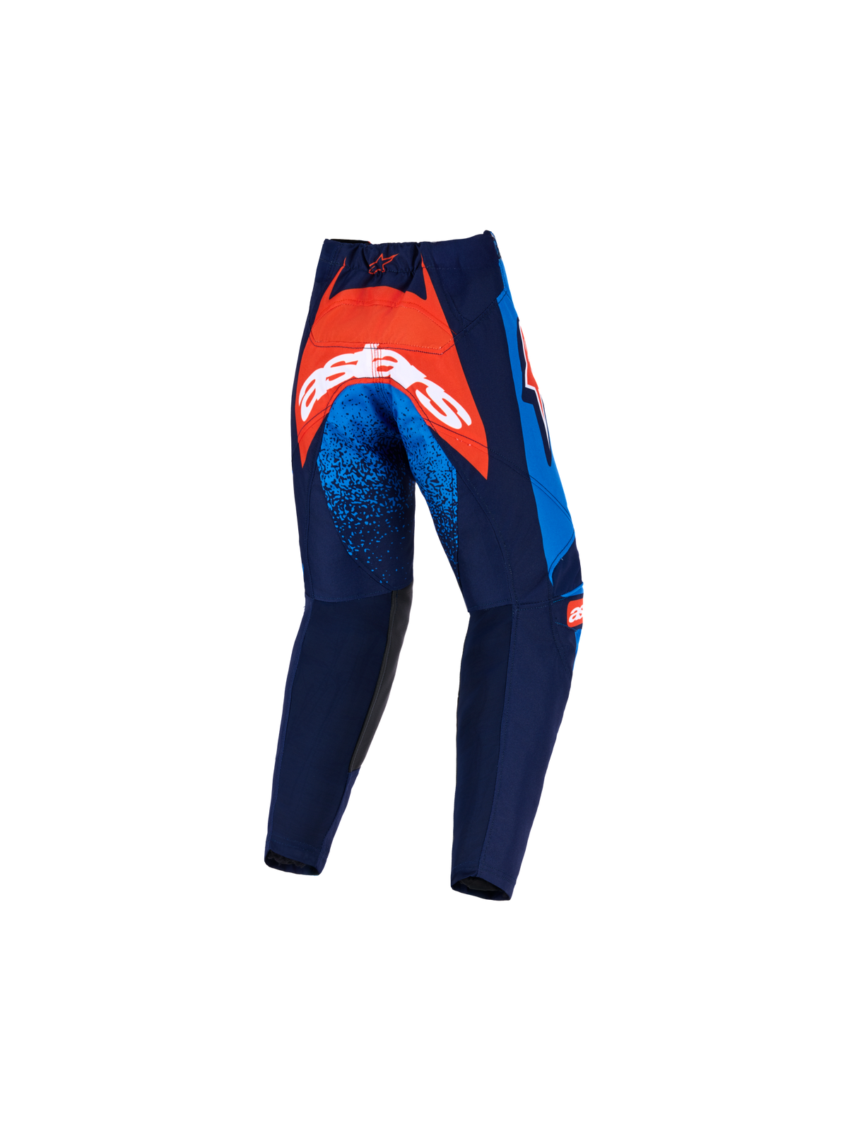 Pantalon Racer Nomur Enfant 2026 Alpinestars, pantalon de motocross, bleu marine foncé, orange et bleu UCLA, vue arrière avec un large panneau orange sur l'assise et marquage blanc, détails mouchetés bleus sur les cuisses, construction en textile robuste pour le tout-terrain