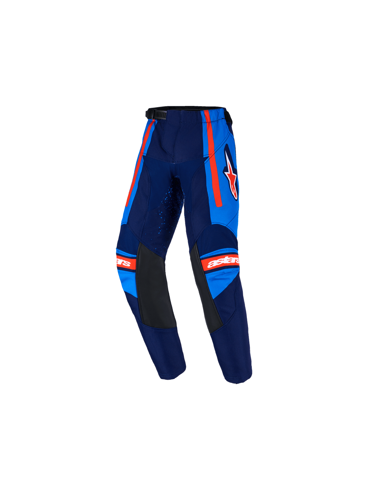 Alpinestars 2026 Kids Racer Nomur, pantalon de motocross pour enfant, marine foncé et bleu UCLA avec accents orange, empiècements intérieurs aux genoux en cuir noir, bandes latérales orange, logo Astars blanc, design pré-courbé pour la course tout-terrain