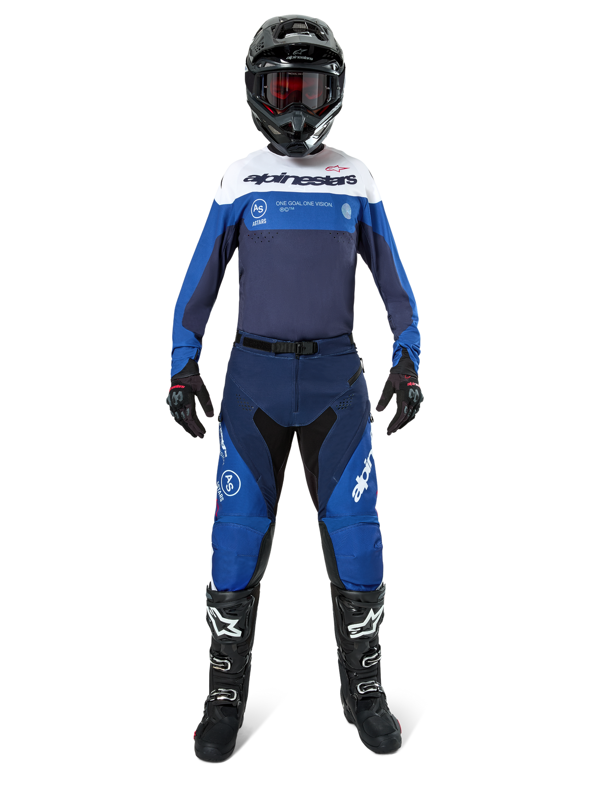 Alpinestars Pro-Dura Pants, Motocross and Enduro Pants, Navy Bright Blue and White, worn by a rider in a complete racing kit with a matching jersey, black helmet, red goggles, and black boots, professional off-road gear setup