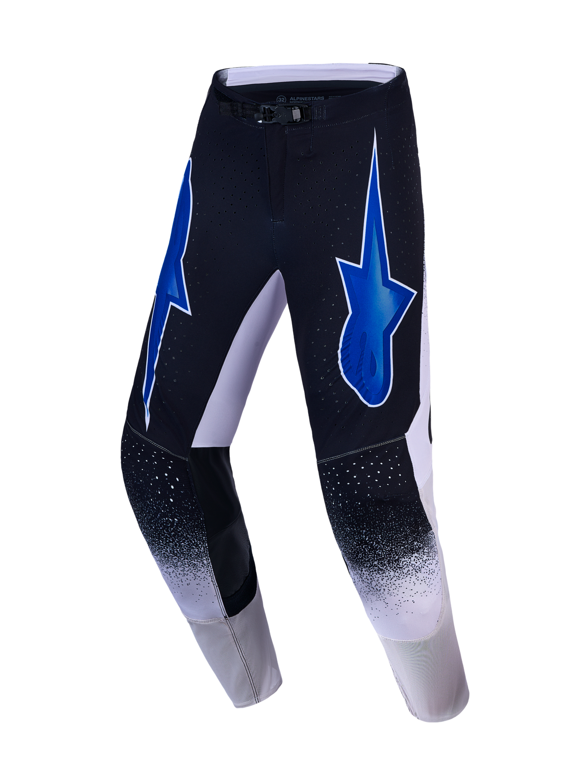 Alpinestars Supertech Hiten AFD, pantalon de motocross, noir et blanc, graphismes d'étoiles bleues et ventilation perforée