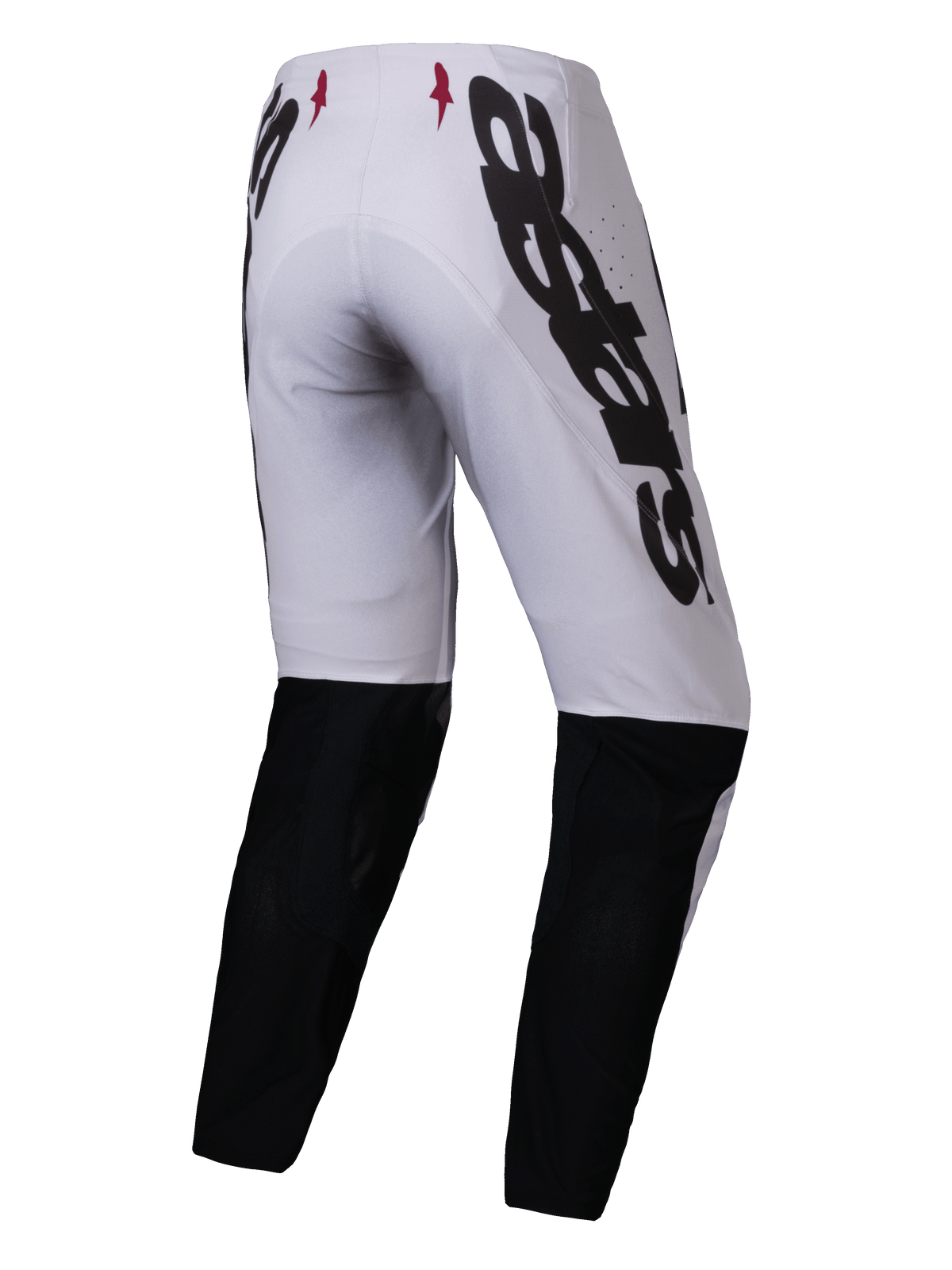 Alpinestars 2025 Supertech Maker Pants, pantalon de motocross, argent et noir, vue arrière avec grand marquage Alpinestars noir sur le côté, empiècements noirs au bas des jambes et petits logos étoiles rouges sur la ceinture, conçu pour la performance tout-terrain professionnelle