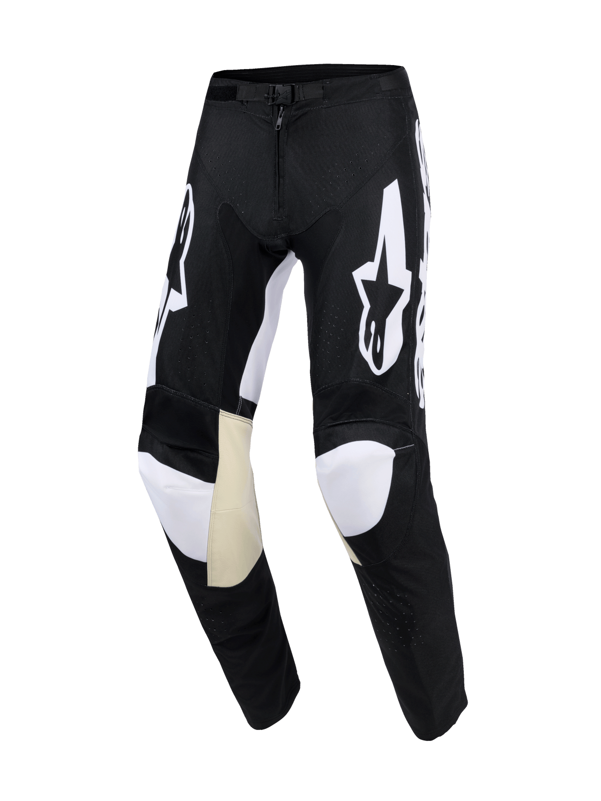 Pantalon Alpinestars Racer Air Riway 2026, pantalon de motocross, noir et blanc, avec logos Astars blancs sur les cuisses, panneaux intérieurs aux genoux en cuir beige, perforations découpées au laser pour la ventilation et design athlétique pré-courbé.