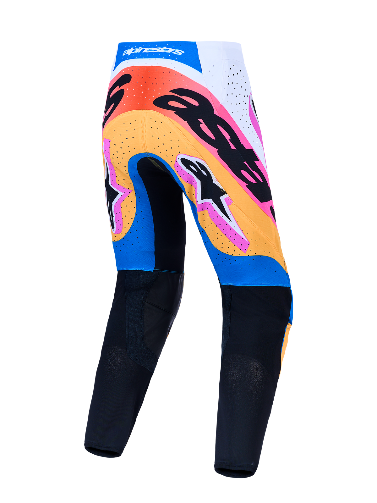Alpinestars Supertech Dyna, pantalons de motocross pour homme, bleu et noir avec graphismes colorés, vue de dos