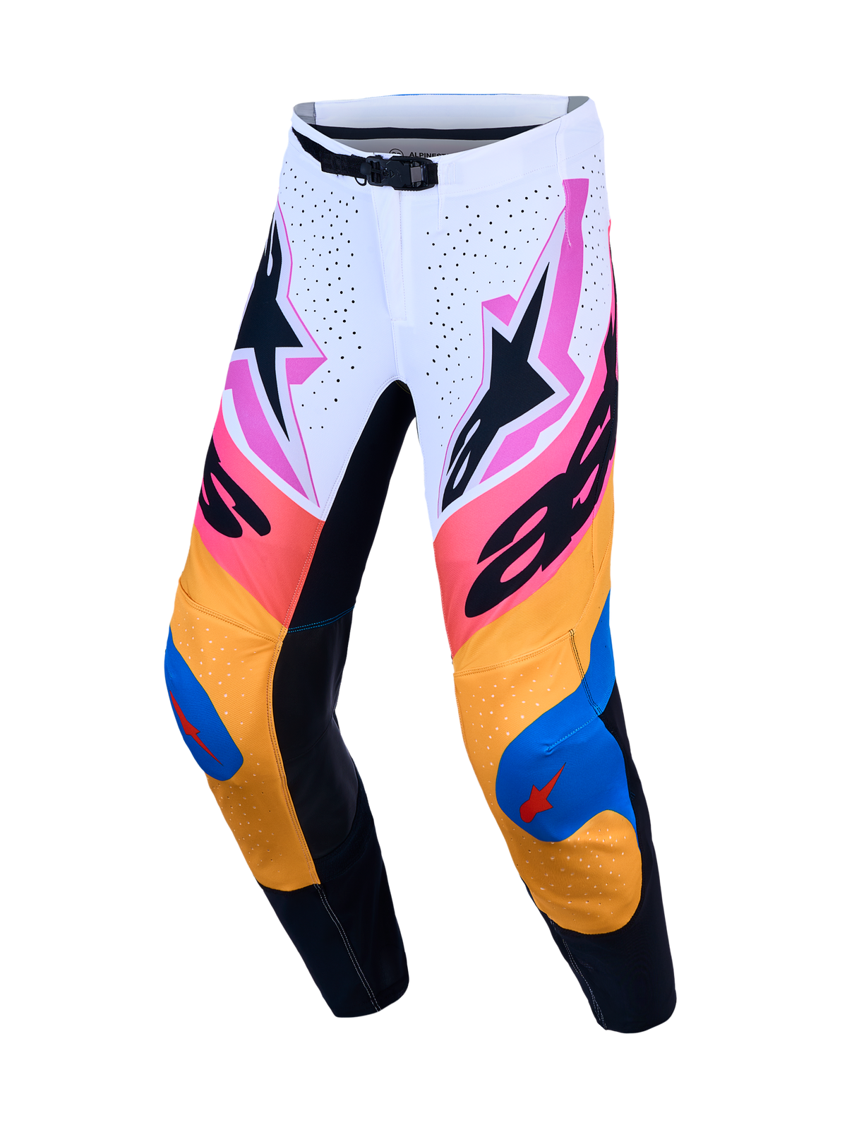 Pantalons Alpinestars Supertech Dyna, équipement de motocross performance blanc, bleu et orange en rip-stop extensible.