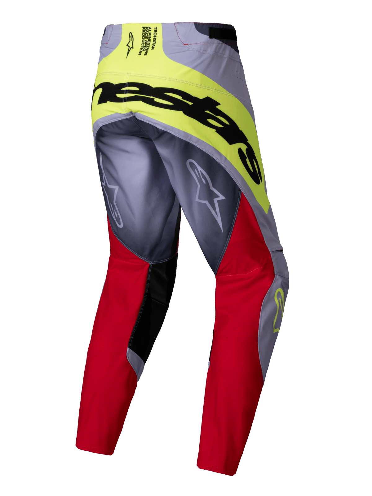 Alpinestars 2025 Techstar Melt Pants, Motocross Pants, Bright Red and Gray with Neon Yellow accents, rear view showing large black Alpinestars branding on the seat, Astars logos on the legs, durable multi-material design for off-road racing