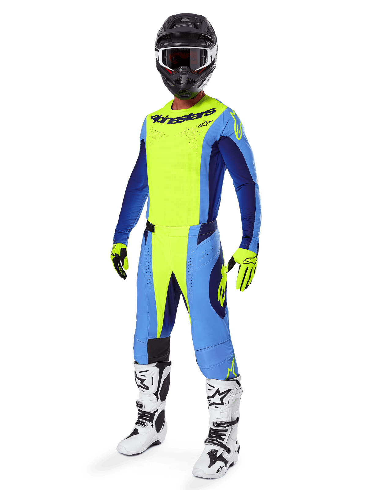 Alpinestars Techstar Melt Pants 2025, pantalon de motocross, jaune fluo et bleu, porté dans le cadre d'une tenue de course complète avec maillot assorti, gants jaunes et noirs, bottes blanches et noires, et casque noir avec lunettes blanches, équipement de performance tout-terrain coordonné