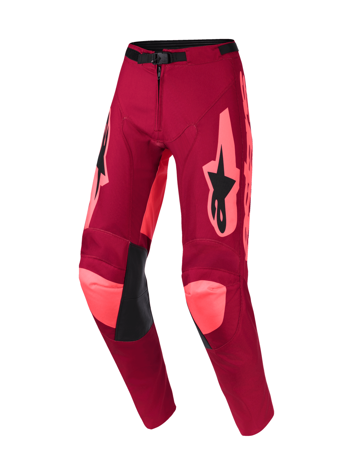 Pantalon Alpinestars Racer Riway 2026, pantalon de motocross, Dark Red Coral avec des touches corail vif sur les genoux et les côtés, logo Alpinestars noir sur les cuisses, panneaux intérieurs en cuir noir aux genoux et boucle de taille réglable, design durable pour la course tout-terrain