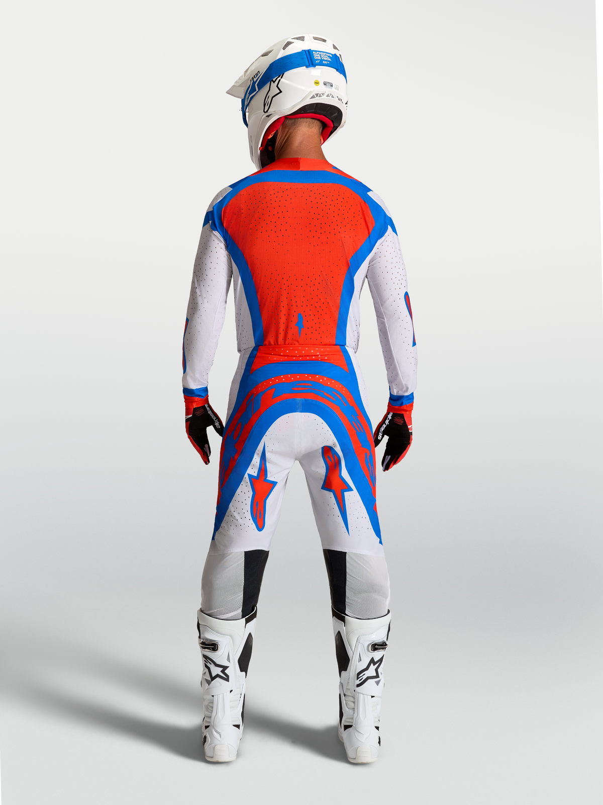 Pantalons de motocross Alpinestars Supertech Vesta, lilas clair et rouges, vue de dos, coupe athlétique de course