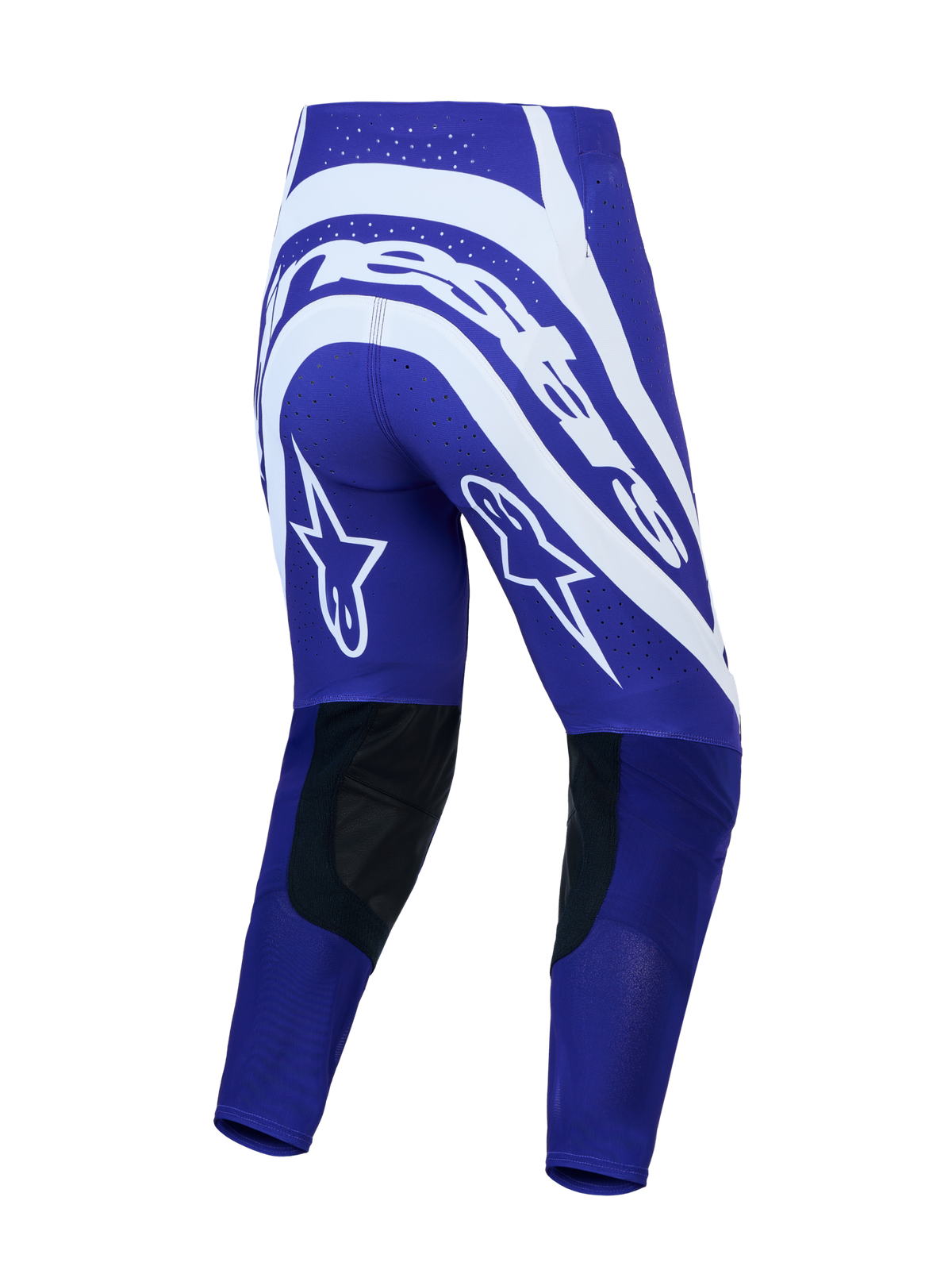 Alpinestars Supertech Vesta Pants, Men's Motocross Gear, Deep Blue and White, back view featuring star graphics and leather.