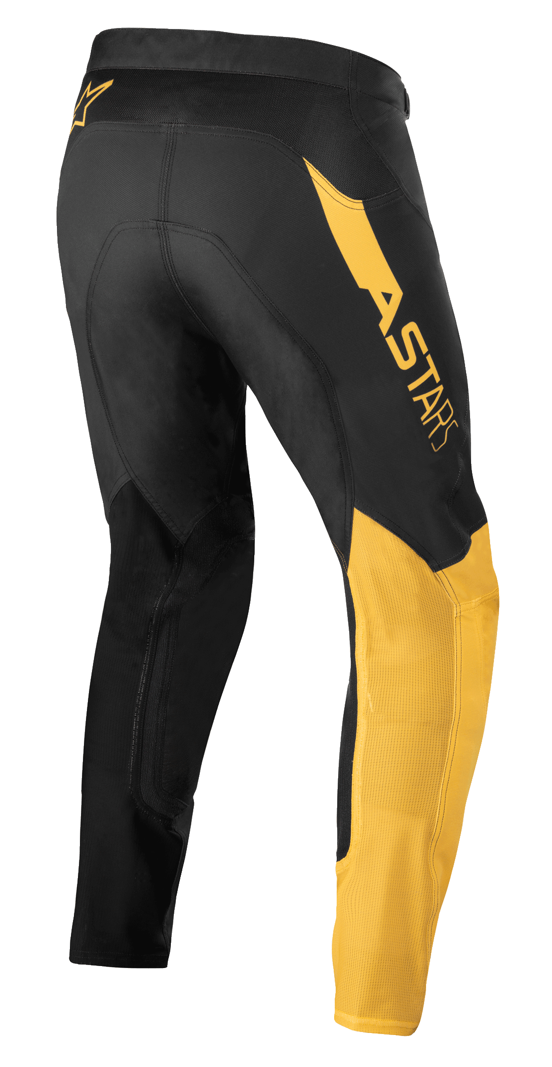 Pantalon Alpinestars Supertech Blaze, pantalon de motocross, noir et jaune chaud, vue latérale arrière, avec logo 'ASTARS' sur la hanche, empiècements jaunes sur la jambe et textile technique extensible pour la performance tout-terrain.