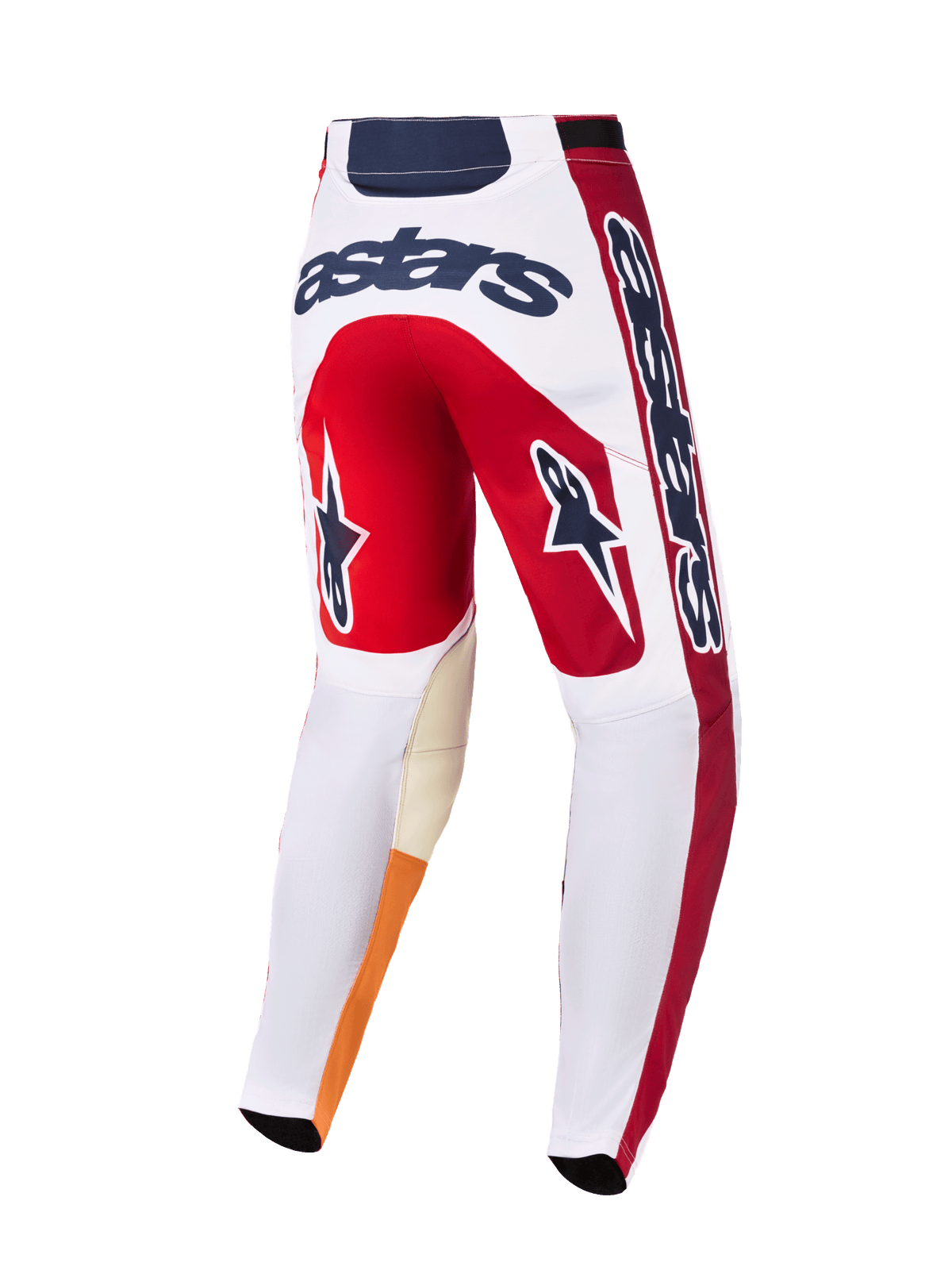 Alpinestars 2026 Racer Portl Pants, pantalon de motocross, rouge, blanc et gris foncé, vue arrière avec logo « astars » imposant au dos, icônes d'étoiles sur les jambes et matériau résistant avec renforts aux genoux pour la course tout-terrain