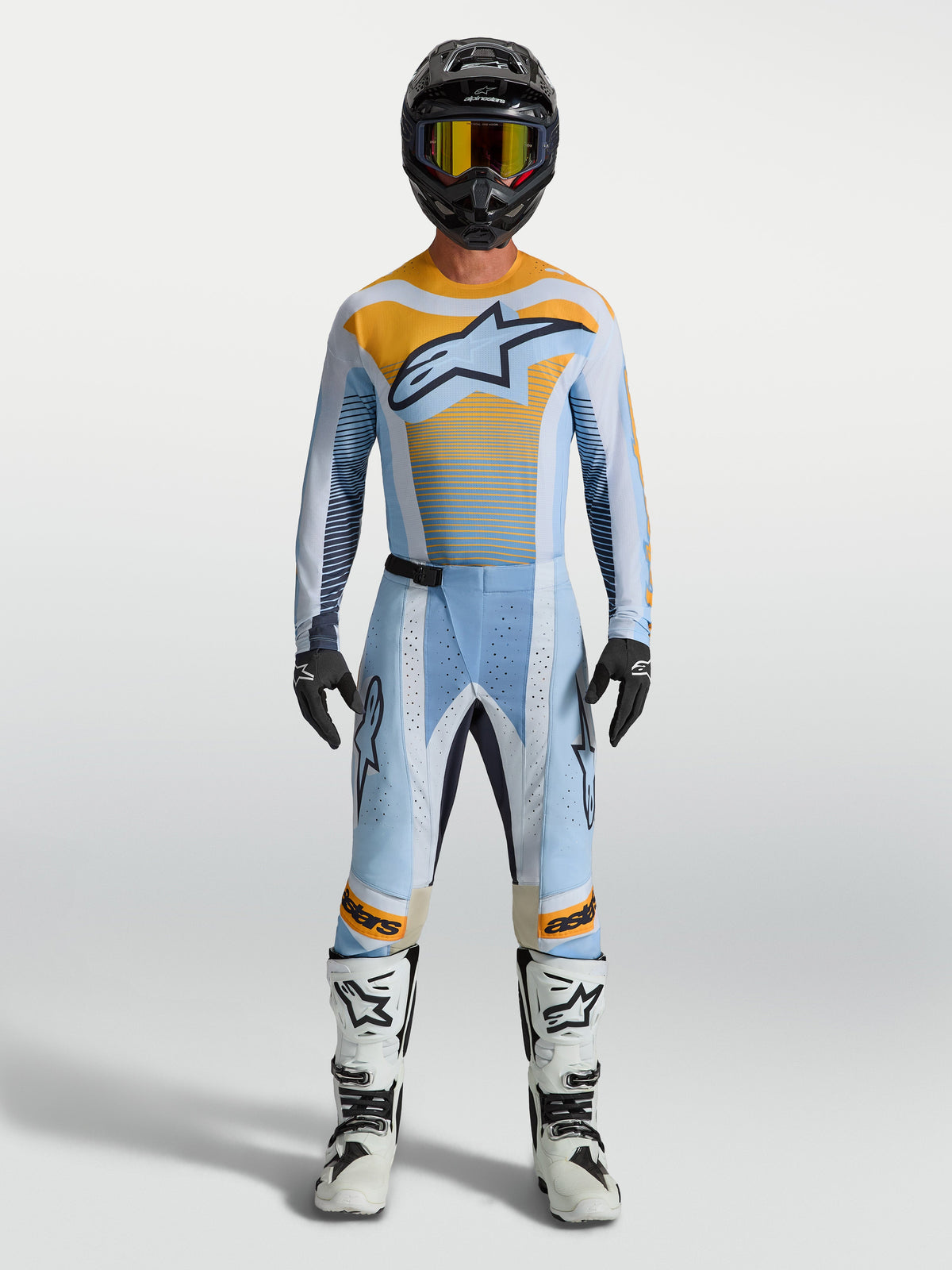 Alpinestars 2027 Techstar Maven MX Pants, Men's Motocross Gear, Dust Blue and Tangerine, performance athletic fit design.