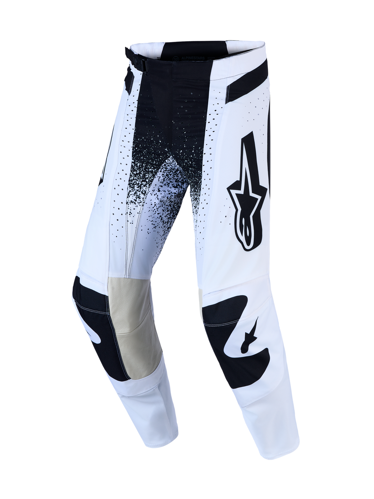 Alpinestars pantalon Techstar Swan et Techstar Swan Gear Set, pantalon de motocross blanc et noir avec panneaux de genou en cuir.