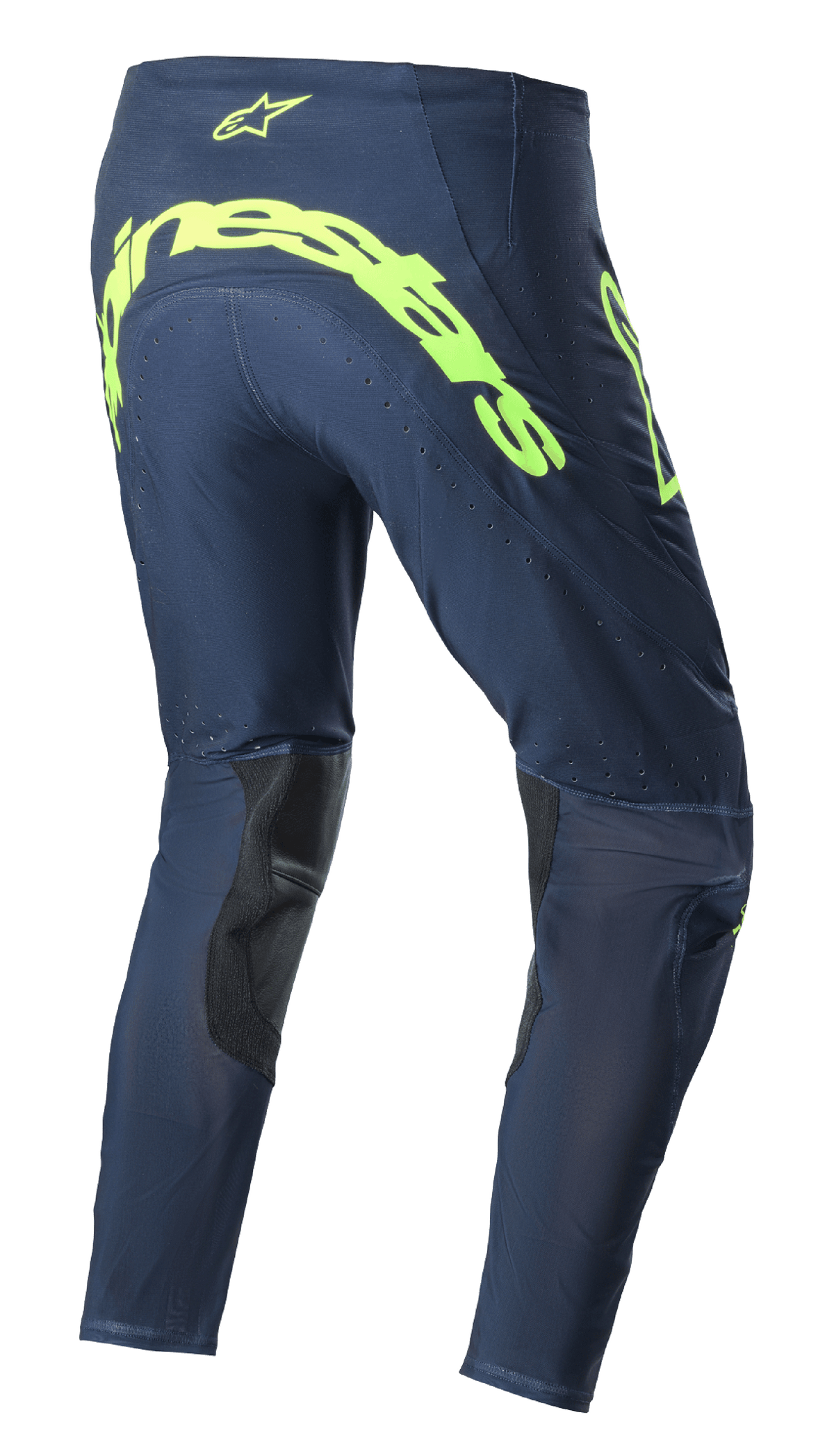 Alpinestars 2023 Supertech Bruin Pants, pantalon de motocross, Bleu Marine Nuit et Jaune Fluo, vue arrière présentant un large marquage Alpinestars jaune fluo sur l'assise, des zones de ventilation perforées et des renforts noirs à l'intérieur des jambes.