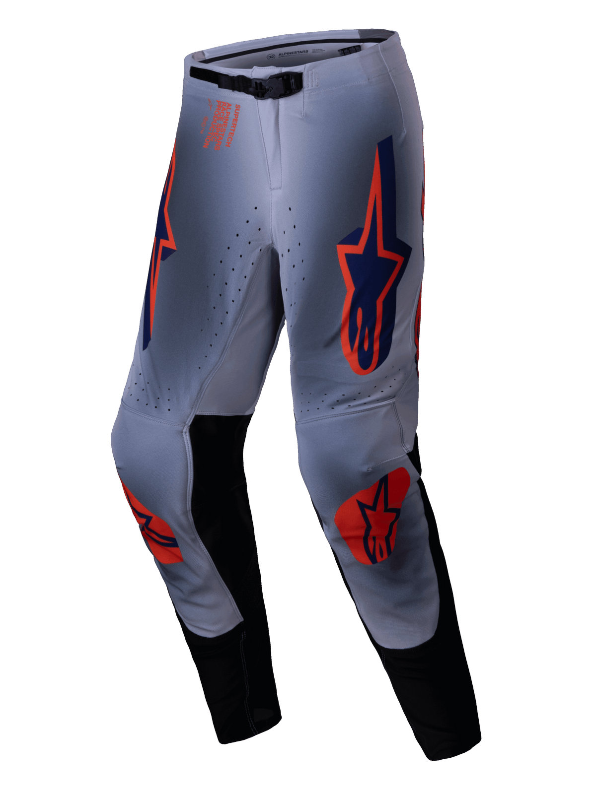 Alpinestars 2025 Supertech Lipan Pants, Motocross Pants, Gray and Orange Fluo, featuring vibrant orange and navy blue star logos on the thighs and knees, black inner leg panels, and an adjustable waist belt, designed for pro-level off-road performance.