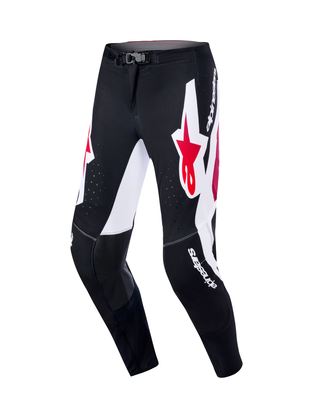 Alpinestars 2026 Supertech AFD Vista Pants, pantalon de motocross, noir, rouge et blanc, avec de grands panneaux graphiques blancs et des logos d'étoile rouges, empiècements en cuir noir à l'intérieur des genoux, perforations laser pour la ventilation et logos blancs, équipement professionnel pour le tout-terrain
