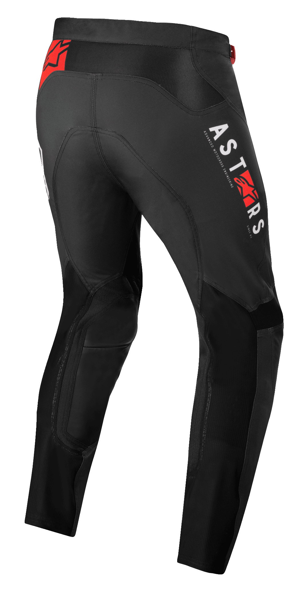 Pantalon Alpinestars Supertech Foster, pantalon de motocross, noir avec marquage vertical ASTARS blanc et logos étoiles rouges, construction textile haute performance avec panneaux en maille pour la ventilation et la liberté de mouvement
