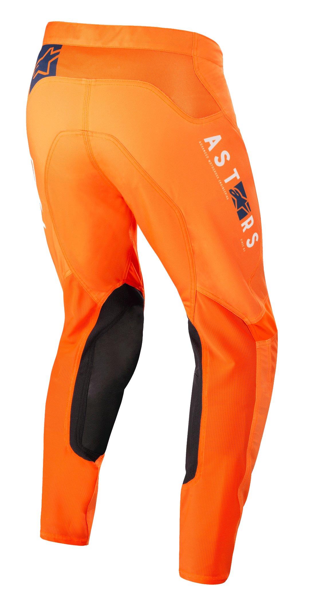 Alpinestars Supertech Foster Pants, pantalon de motocross, orange, avec panneaux intérieurs aux genoux noirs, marquage ASTARS blanc et bleu sur la jambe, construction en rip-stop extensible avancée, vue arrière de côté