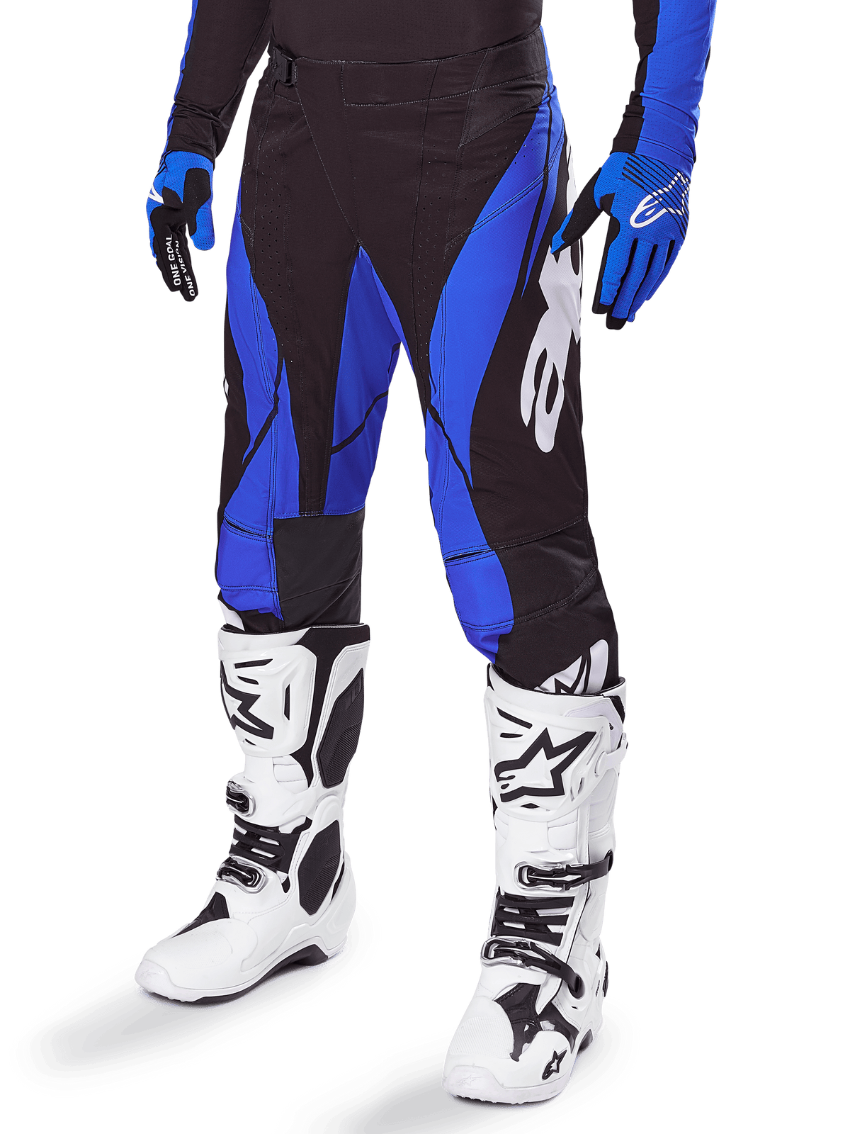 Alpinestars 2025 Techstar Dreem Pants, Motocross Pants, Black and Blue, worn with white motocross boots and blue gloves, featuring white Alpinestars logo on the leg, durable construction for off-road racing