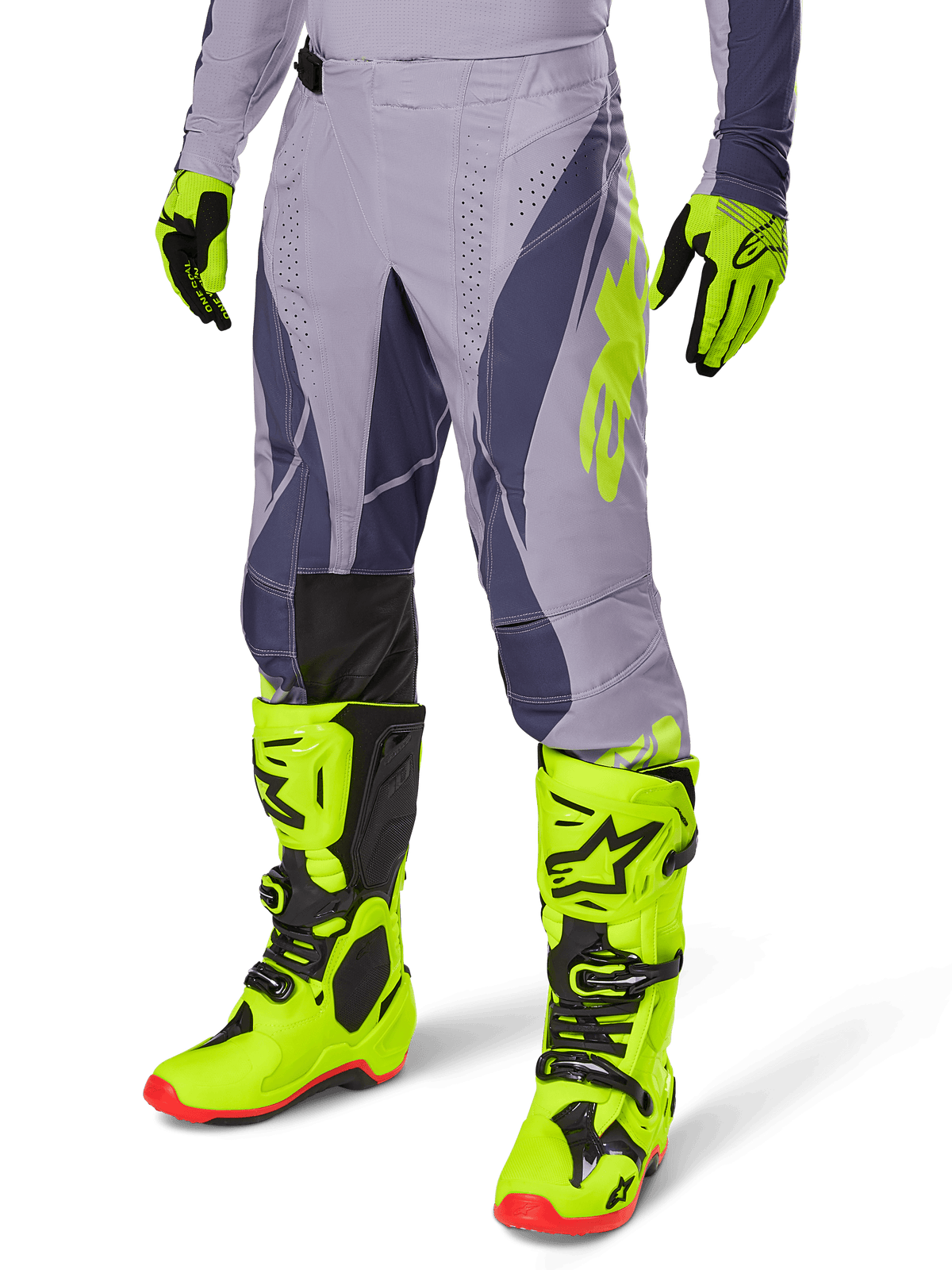 Alpinestars 2025 Techstar Dreem Gear Set, Motocross Pants and Jersey, Gray with dark purple and neon yellow accents, worn with matching neon yellow boots and gloves, professional racing fit for off-road motocross