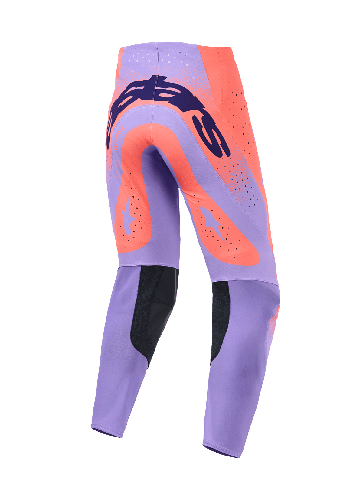 Alpinestars 2026 Supertech Scenz Pants, pantalon de motocross, corail vif et violet, vue arrière avec logo bleu foncé sur l'assise, larges motifs d'étoiles corail sur les cuisses, panneaux noirs à l'intérieur des mollets et perforations de ventilation découpées au laser.