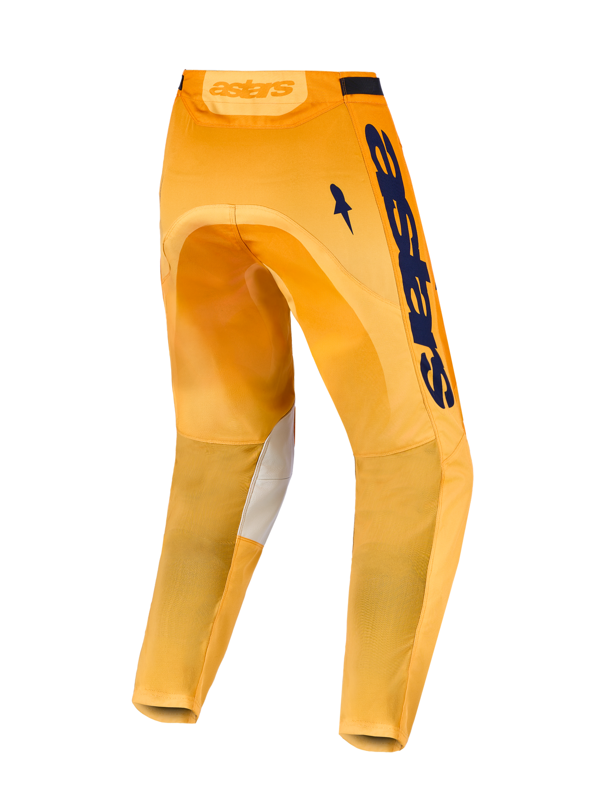 Alpinestars Racer Amber Motocross Pants, Men's, Orange and Deep Blue, featuring durable polyfabric and rear stretch panels.