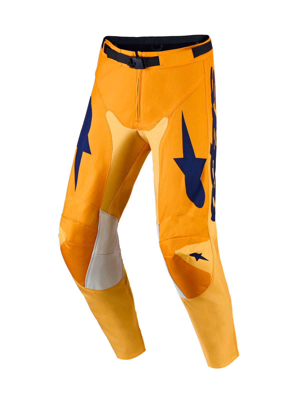 Alpinestars Racer Amber, pantalon de motocross pour homme, orange et bleu foncé, avec panneaux extensibles et coupe pré-courbée.