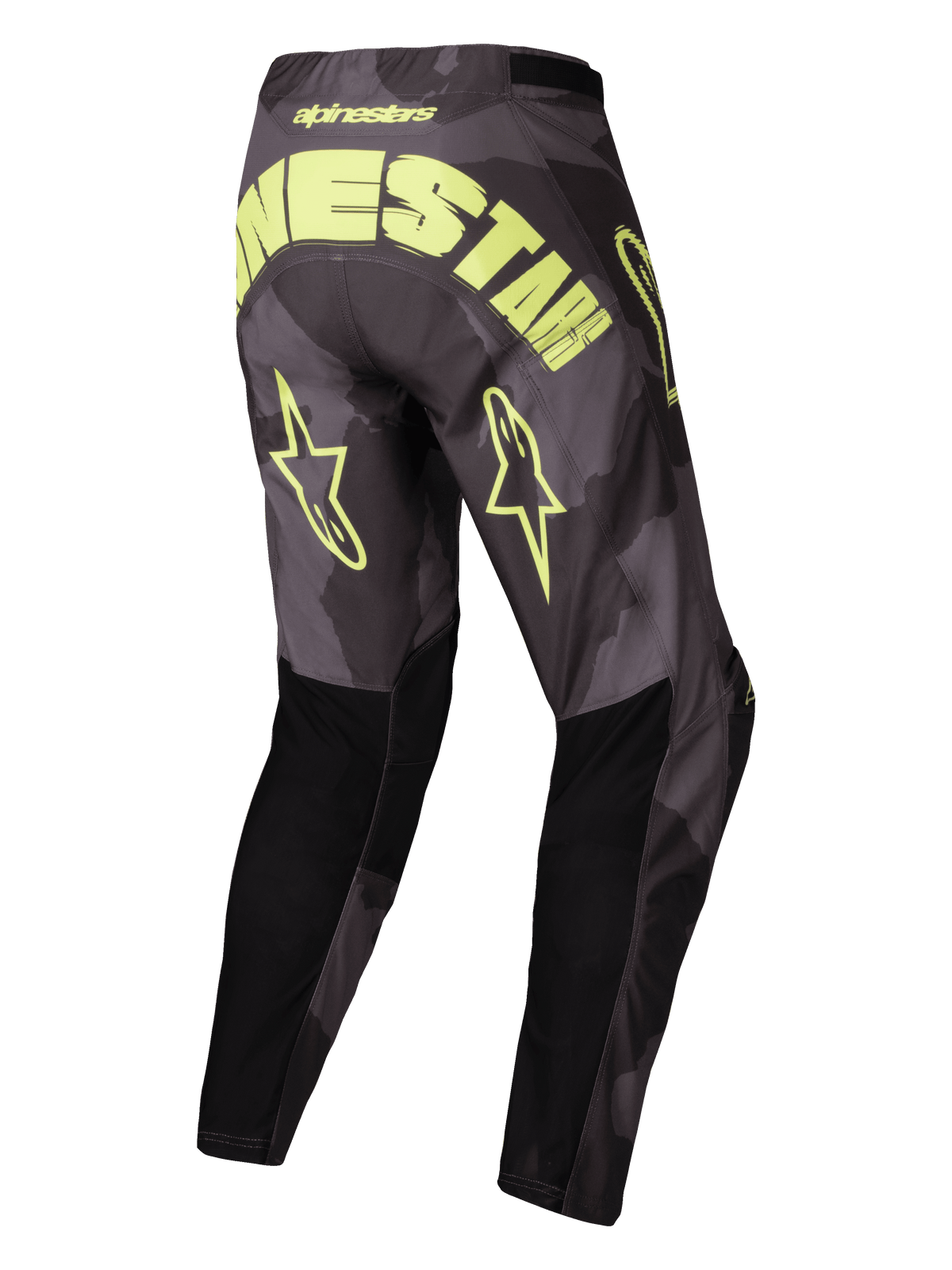 Alpinestars 2025 Racer Hollow Pants, motocross off-road pants, Dark Camo and Yellow Fluo, lightweight technical material with pre-curved construction, rear view showing large branding and star logos