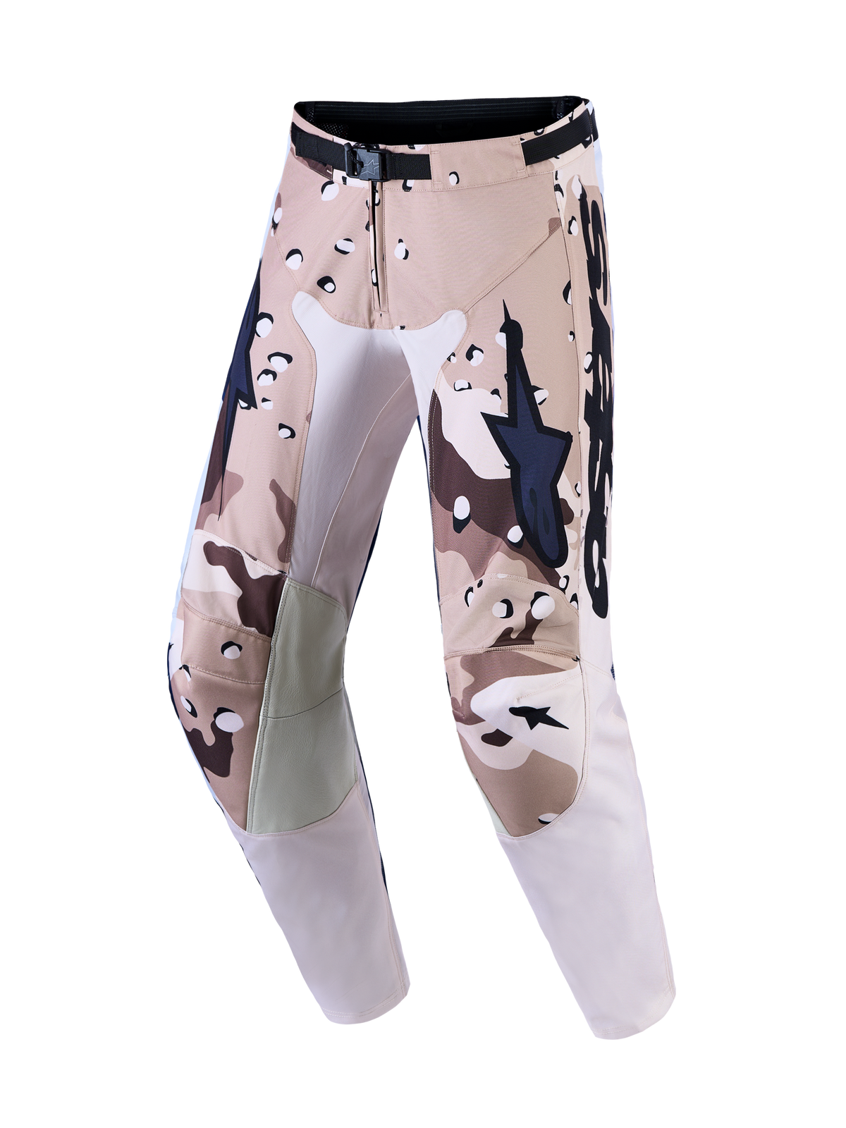 Alpinestars Pantalons Racer Lone, pantalons de motocross pour homme, noirs avec motif camouflage désert, genoux en cuir et fermeture magnétique.