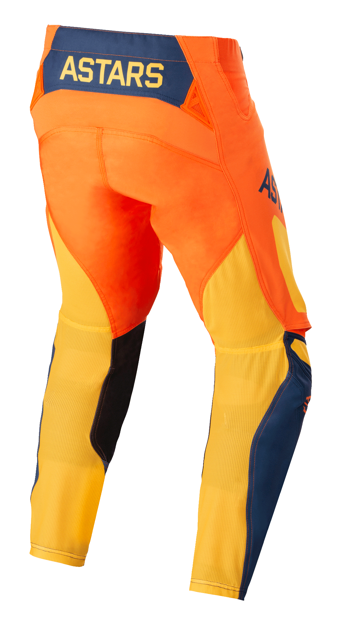 Alpinestars Techstar Factory Pants, Motocross Pants, Orange, Dark Blue, and Warm Yellow, rear view featuring the yellow ASTARS logo on a dark blue back panel, vibrant orange chassis with breathable yellow mesh on the lower legs and blue accents
