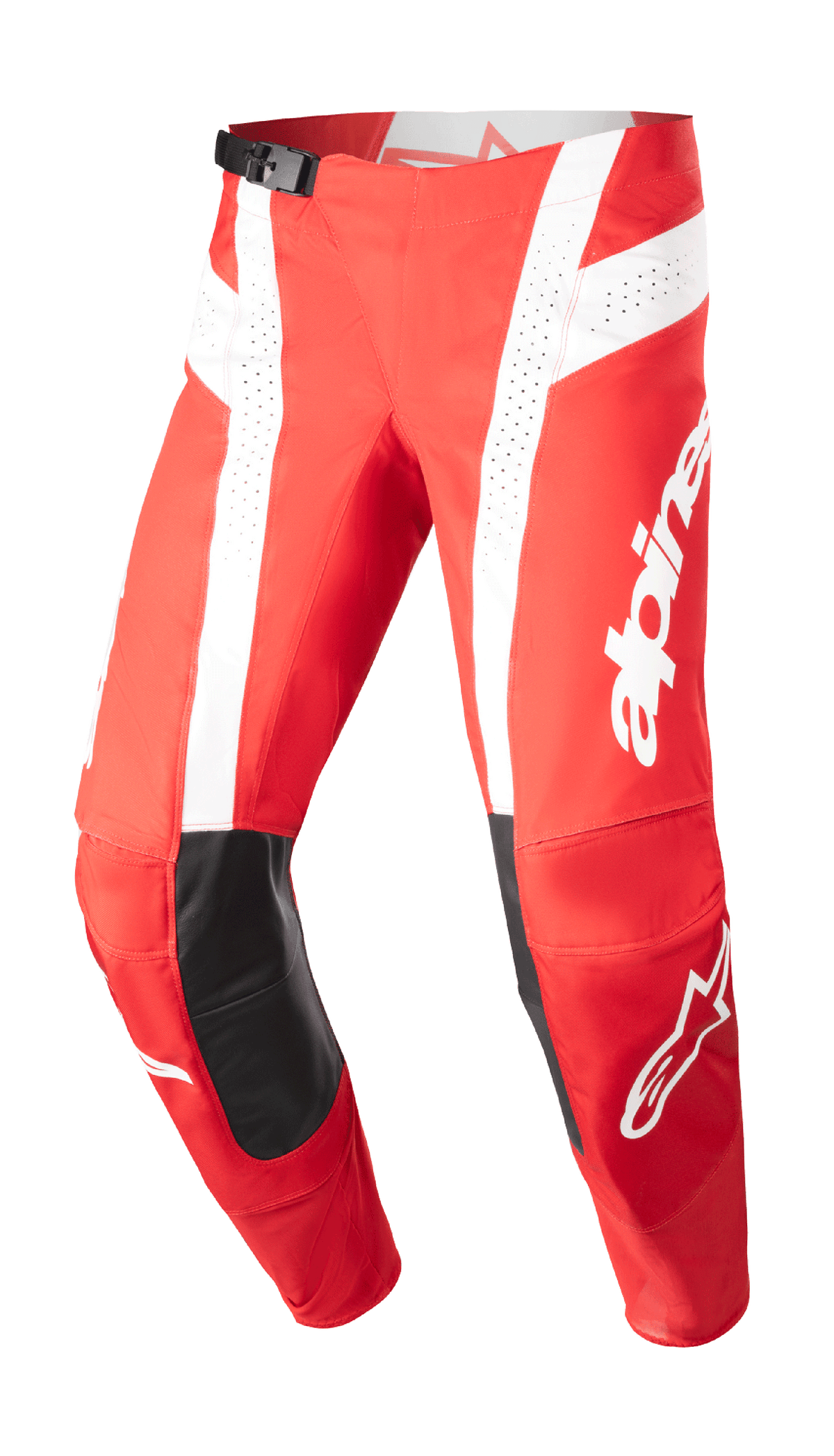 Pantalon Alpinestars 2023 Techstar Arch, pantalon de course de motocross, rouge Mars et blanc, renforts aux genoux en cuir noir, panneaux de ventilation perforés, boucle de taille ajustable, équipement tout-terrain haute performance