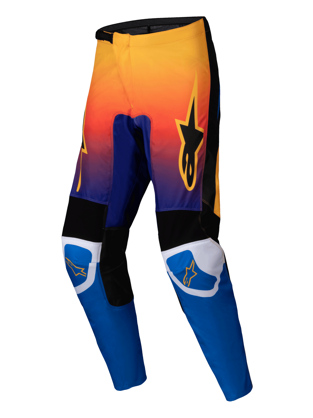 Alpinestars Fluid Wurx Pants 2025, pantalon de motocross, multicolore avec dégradé orange vers violet sur le haut et bleu vif sur le bas des jambes, panneaux renforcés noirs et blancs, logo étoile orange sur les cuisses et les genoux, design de course tout-terrain durable