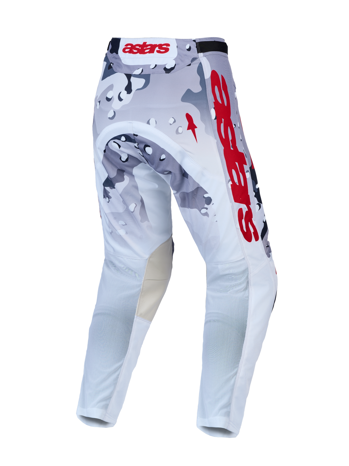 Alpinestars Racer Air Lone Pants, ventilated motocross pants in gray and white camo with red branding, back view.
