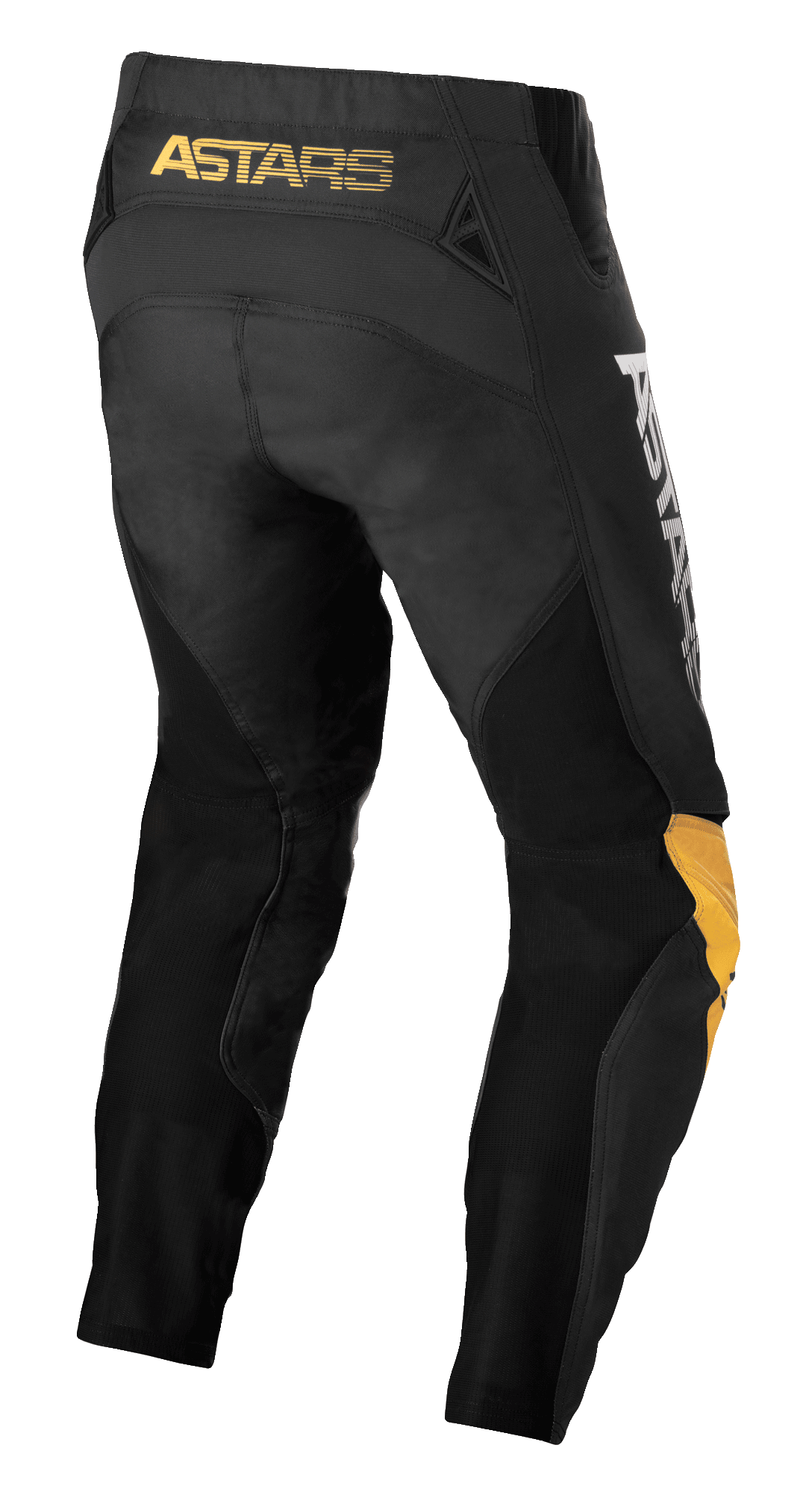 Alpinestars Techstar Quadro Pants, Motocross Pants, Black Yellow and Tangerine, rear view featuring yellow 'ASTARS' branding on the waistband, black mesh inserts for ventilation, and ergonomic yellow and tangerine knee panels for off-road racing durability.