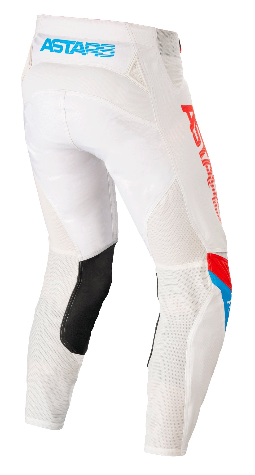 Pantalon Alpinestars Techstar Quadro, pantalon de motocross, blanc cassé avec accents bleu néon et rouge vif, vue arrière montrant le logo 'ASTARS' bleu clair sur la ceinture, panneaux de ventilation en mesh, empiècement en cuir noir à l'intérieur de la jambe et marquage rouge vif sur le côté