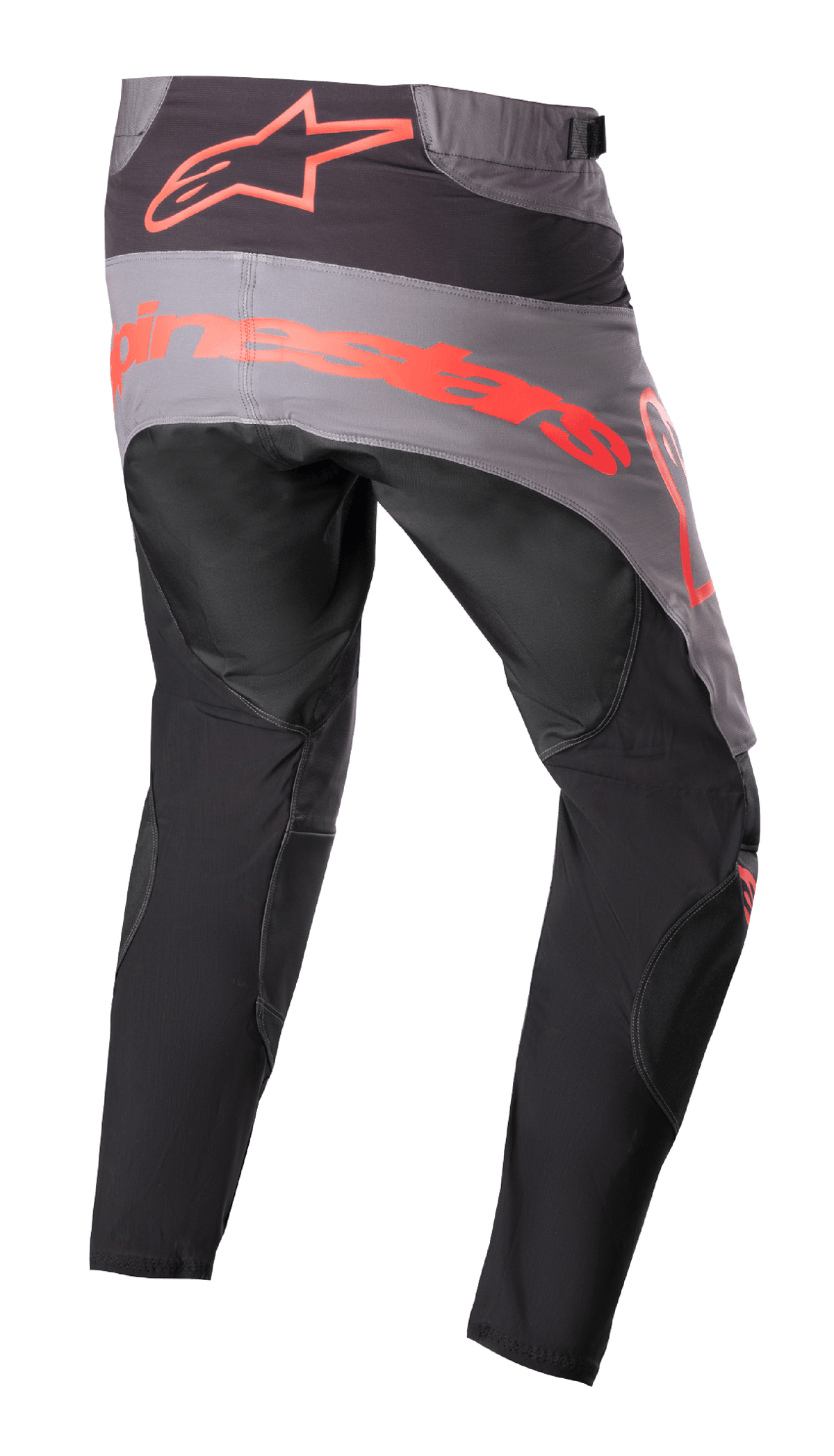 Alpinestars 2023 Techstar Sein Pants, Motocross Pants, Black and Neon Red, rear view featuring a grey seat panel with large neon red branding, ergonomic pre-curved legs, and durable textile construction for off-road performance.