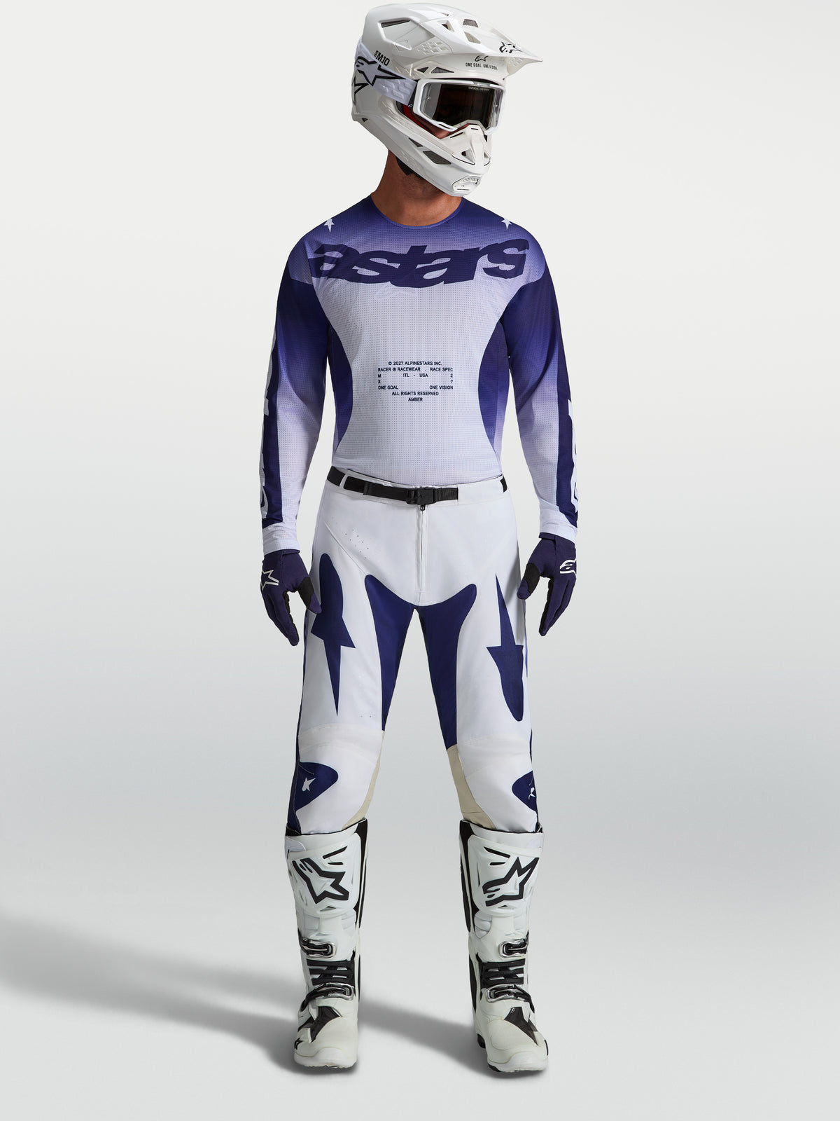 Pantalon Racer Air Amber Alpinestars, tenue de motocross bleue et blanche avec maillot perforé, idéale pour le tout-terrain