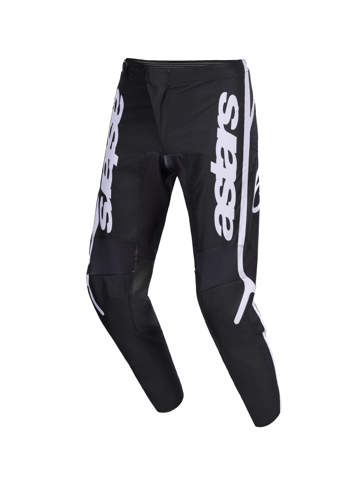 Pantalon Alpinestars 2026 Fluid Apex, pantalon de motocross, noir et gris, arborant des logos astars blancs verticaux sur les jambes, design ergonomique sport-fit pré-courbé, construction durable en poly-tissu 600D pour la conduite tout-terrain