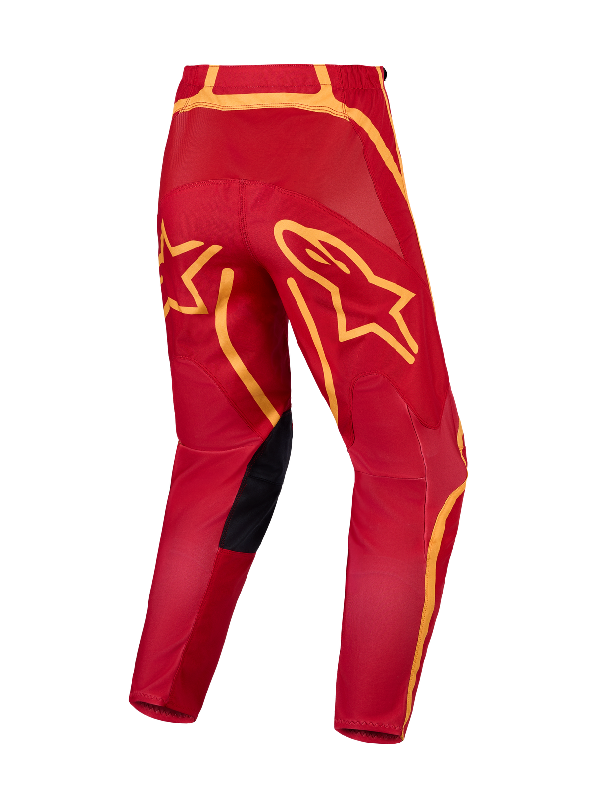 Pantalon Alpinestars Fluid Apex V2 de motocross, rouge et doré, vue arrière avec assise renforcée et graphismes d'étoiles.